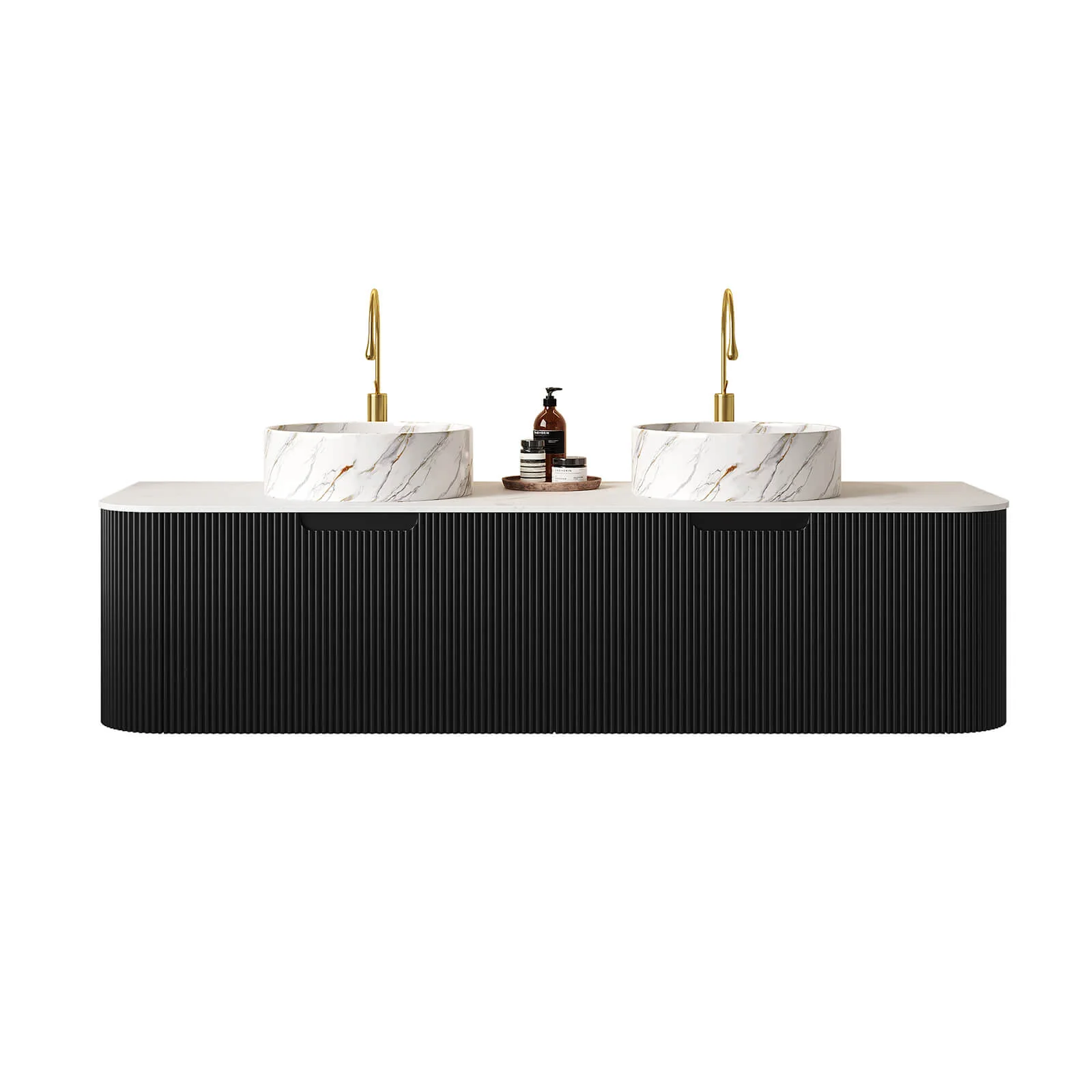 60" Black Double Sink Vanity with Stone-Veined Ceramic Basins - Image 5