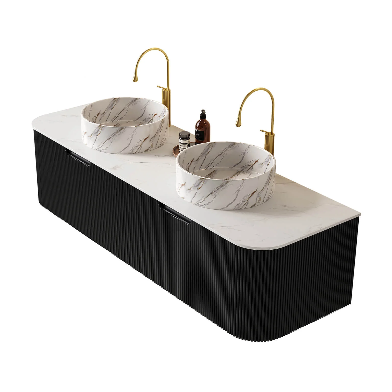 60" Black Double Sink Vanity with Stone-Veined Ceramic Basins - Image 6