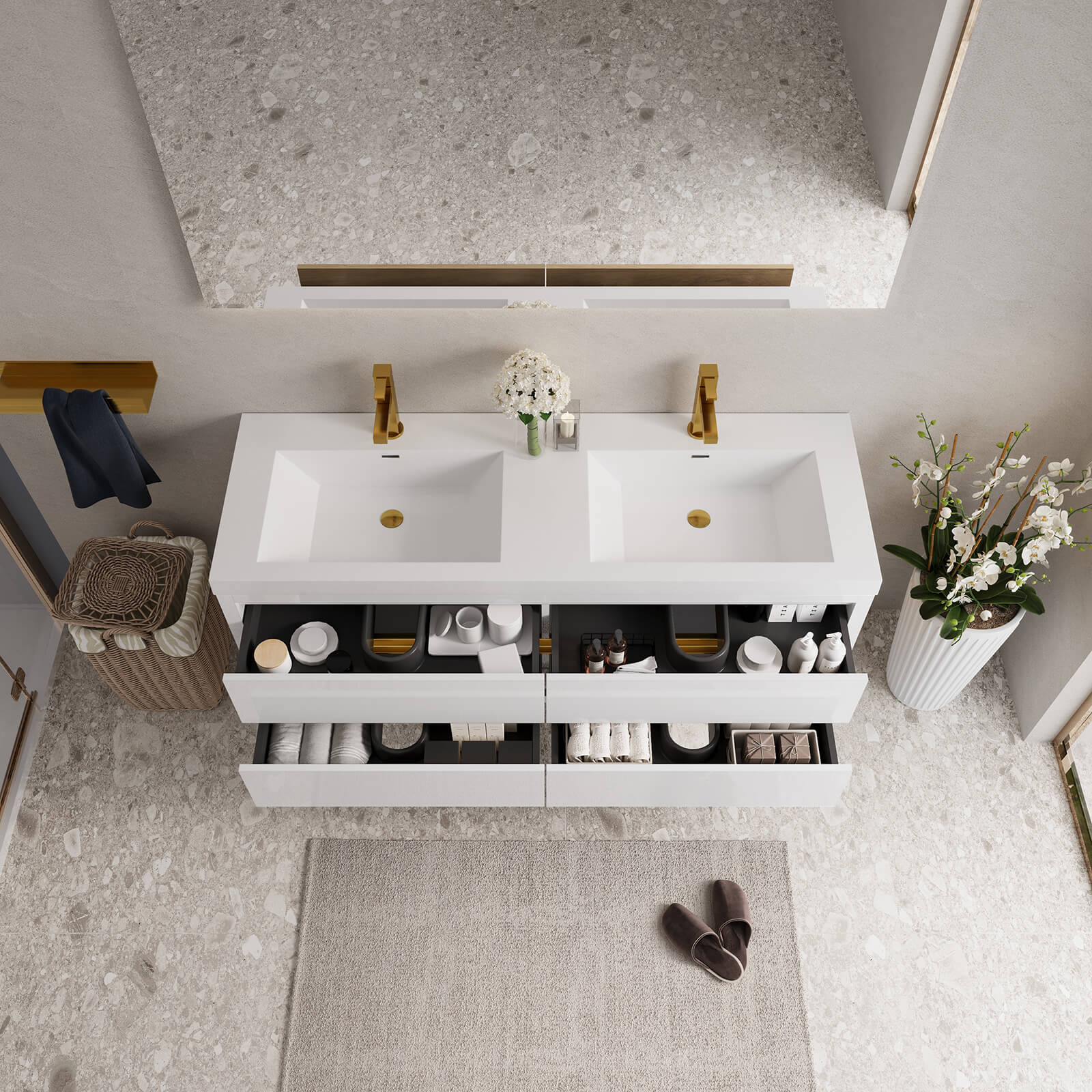 60" Luxurious Double-Sink Vanity with Gold Accent Design - Image 3