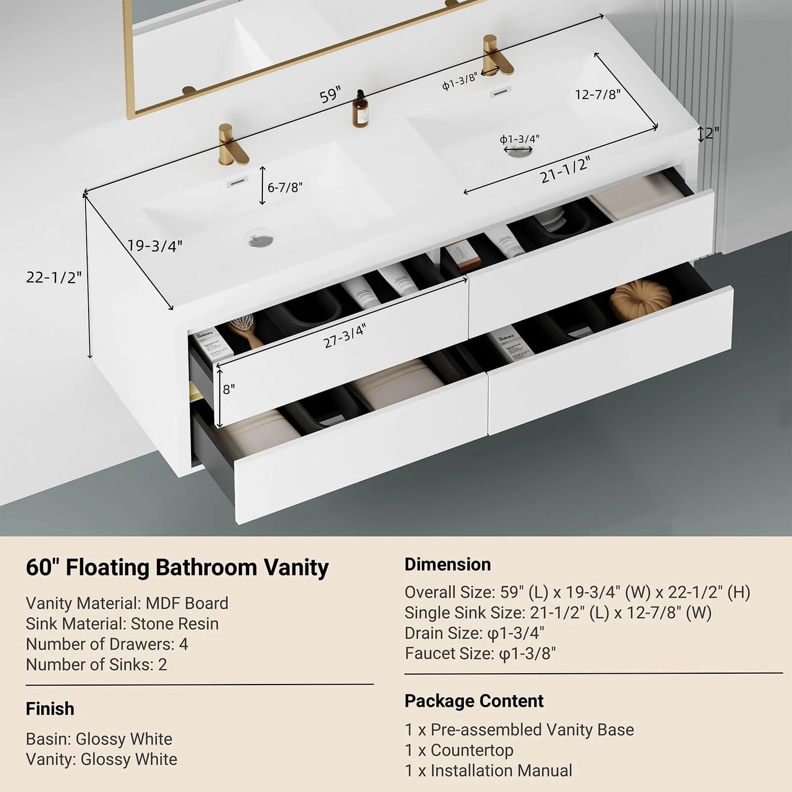 60" Luxurious Double-Sink Vanity with Gold Accent Design - Image 9