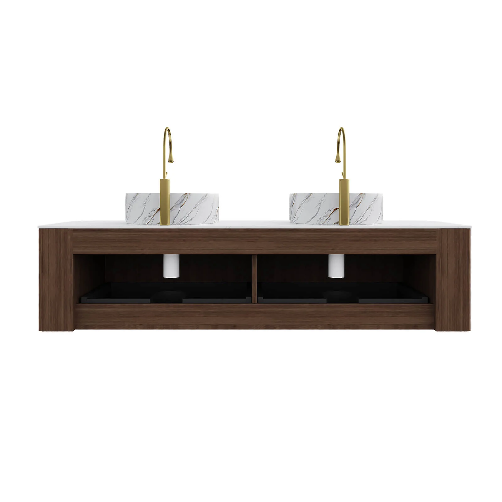 60" Walnut Double Sink Vanity with Stone-Veined Ceramic Basins - Image 10