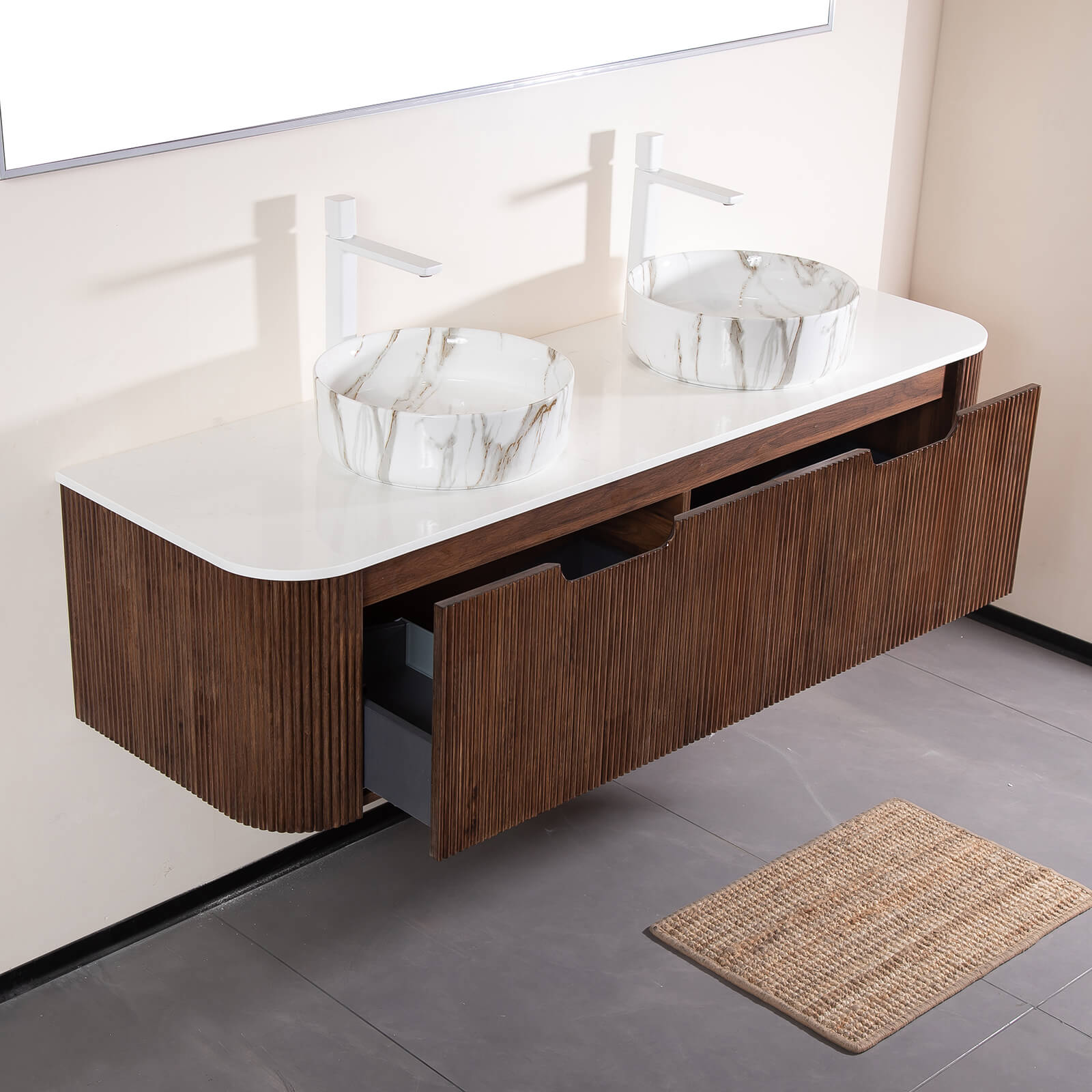 60" Walnut Double Sink Vanity with Stone-Veined Ceramic Basins - Image 3