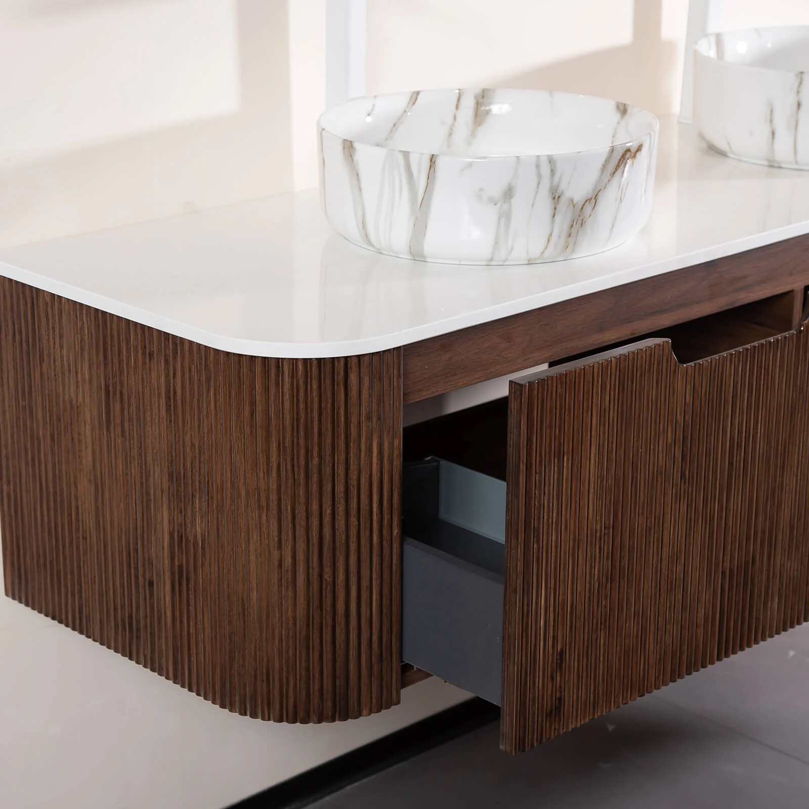 60" Walnut Double Sink Vanity with Stone-Veined Ceramic Basins - Image 4