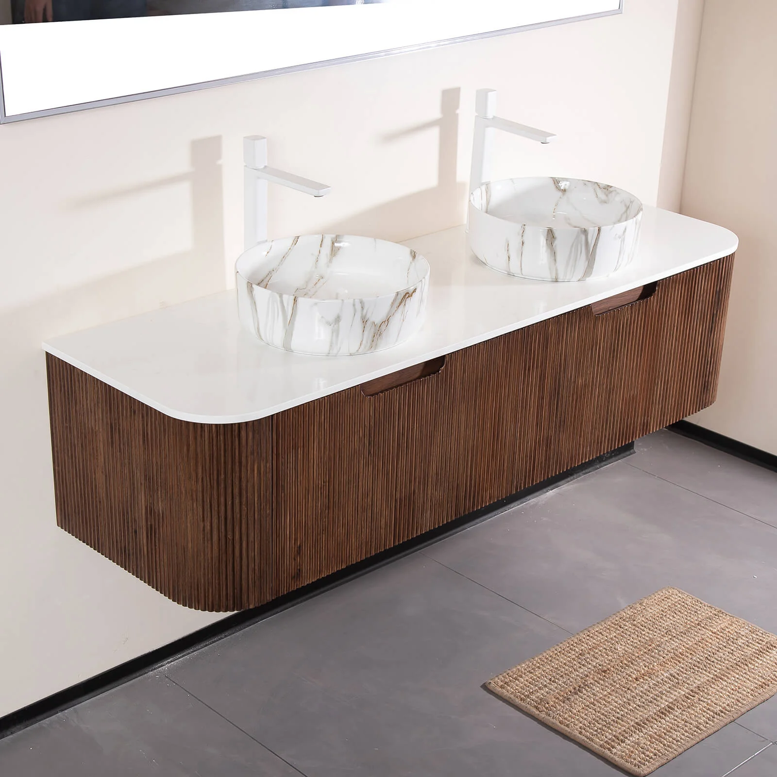 60" Walnut Double Sink Vanity with Stone-Veined Ceramic Basins - Image 5