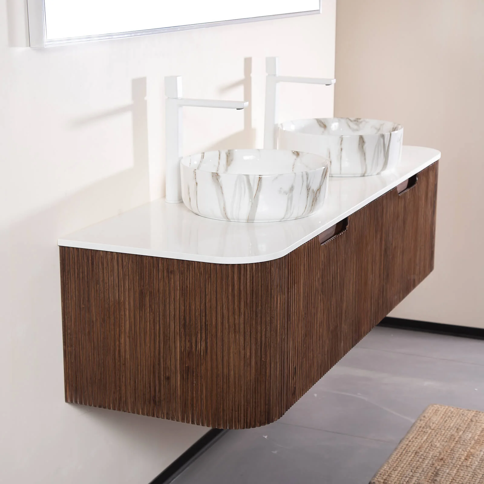 60" Walnut Double Sink Vanity with Stone-Veined Ceramic Basins - Image 6