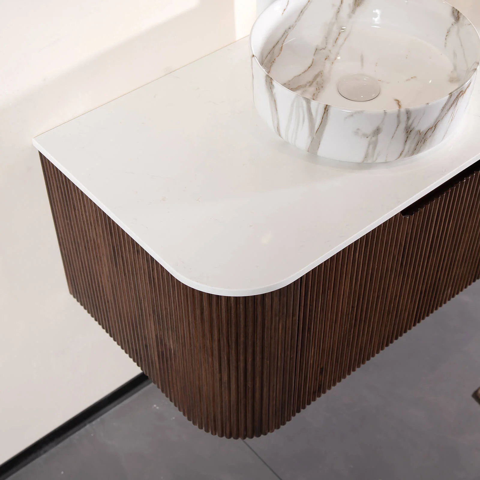 60" Walnut Double Sink Vanity with Stone-Veined Ceramic Basins - Image 7