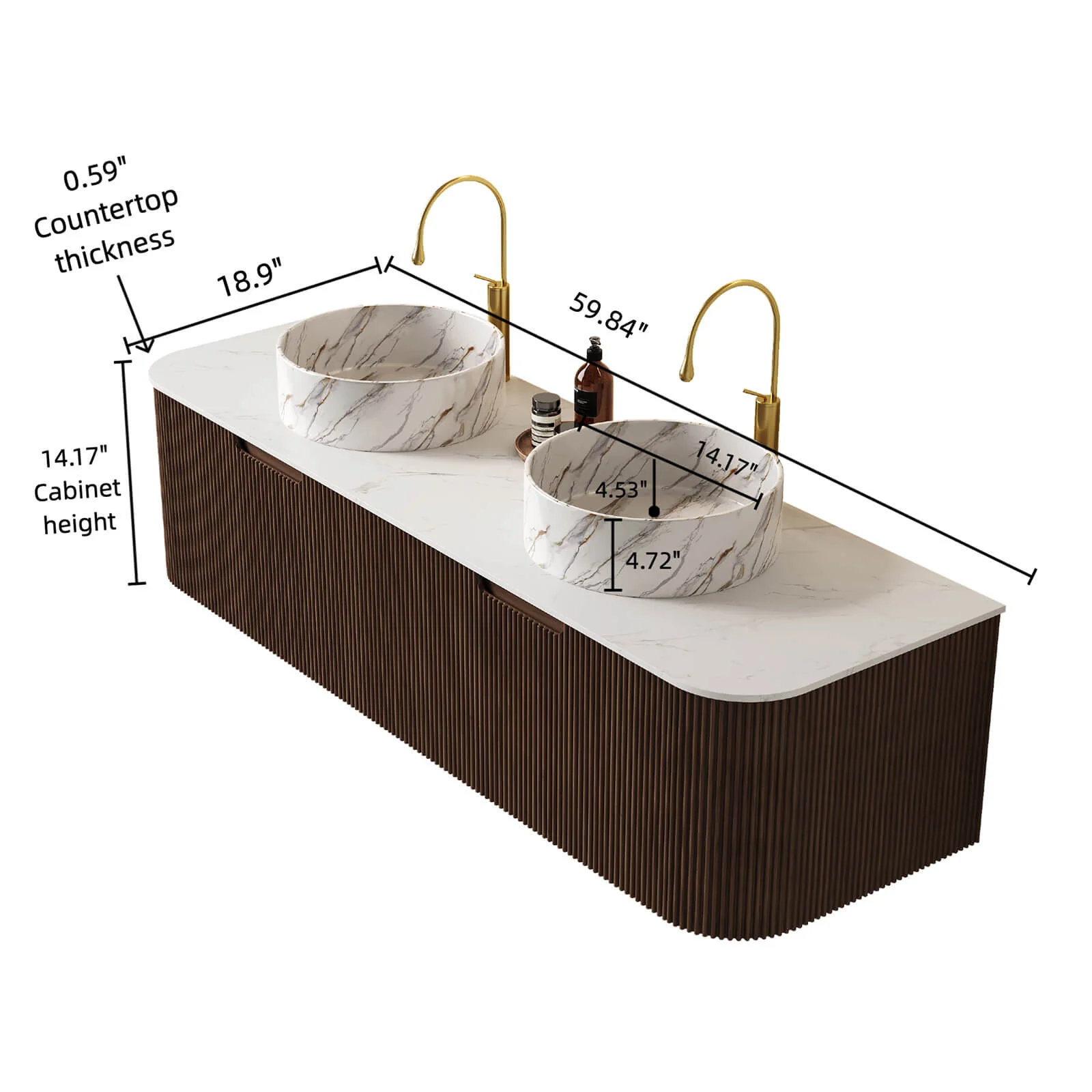60" Walnut Double Sink Vanity with Stone-Veined Ceramic Basins - Image 8