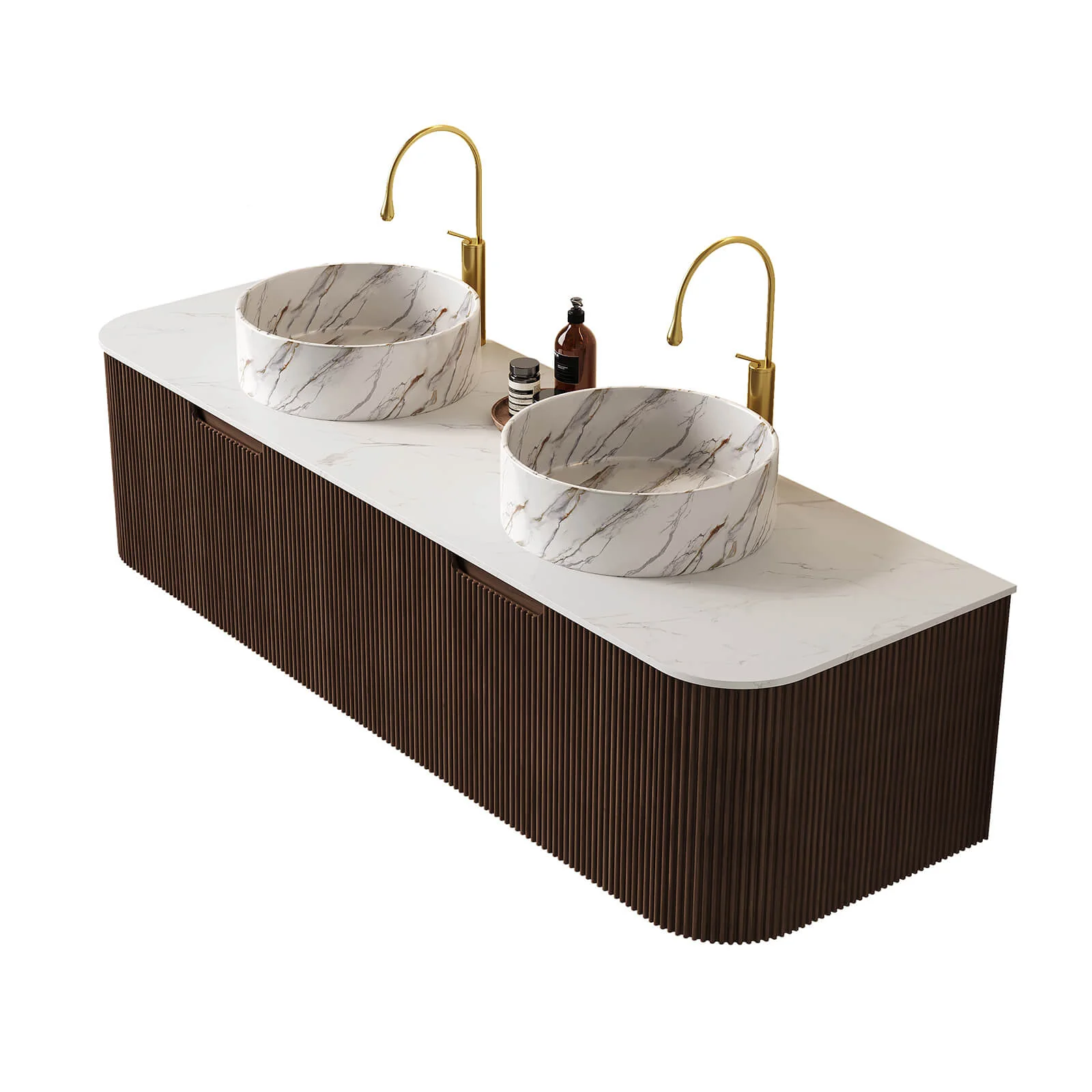 60" Walnut Double Sink Vanity with Stone-Veined Ceramic Basins - Image 9