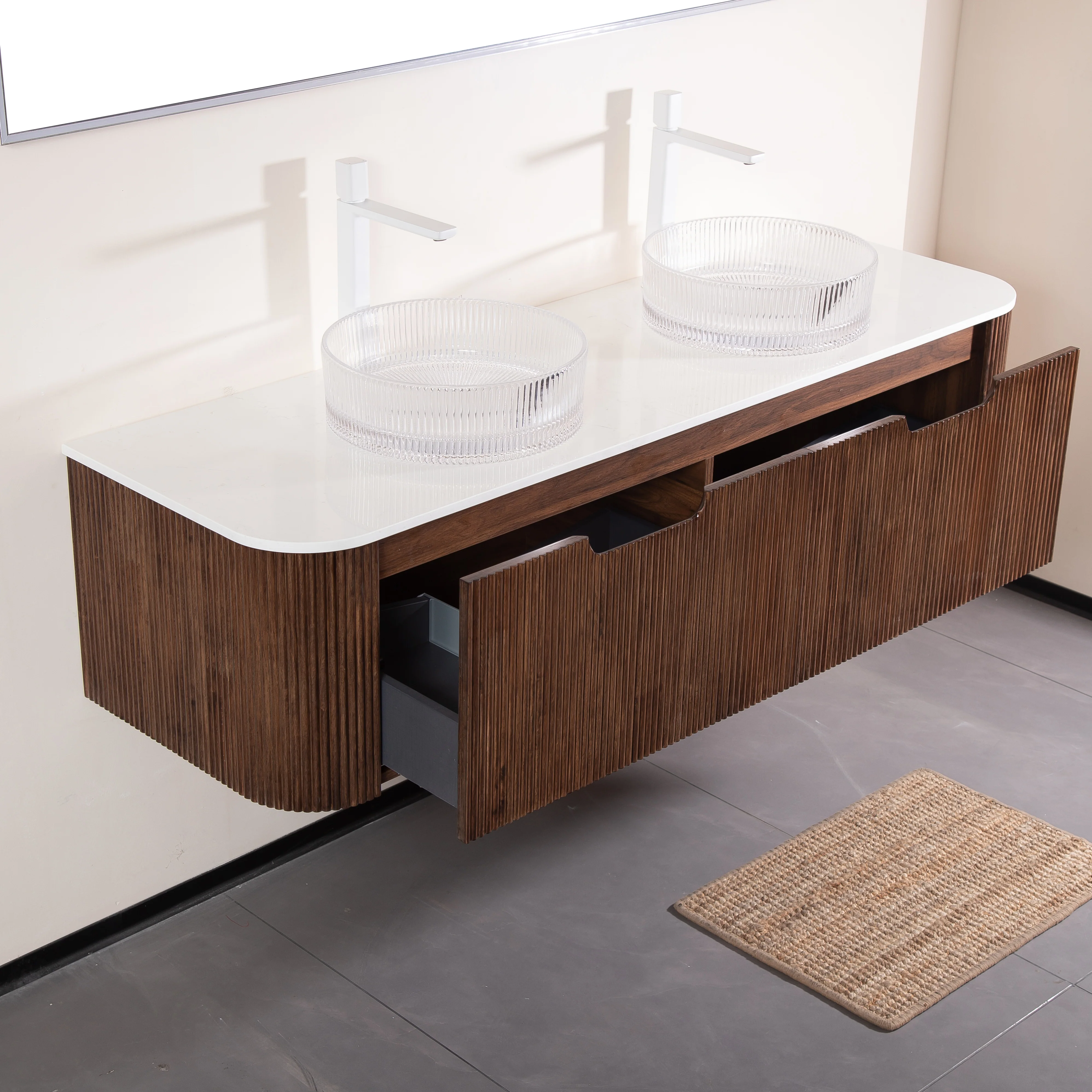 60" Walnut Vanity with Double Clear Vessel Sinks - Image 3