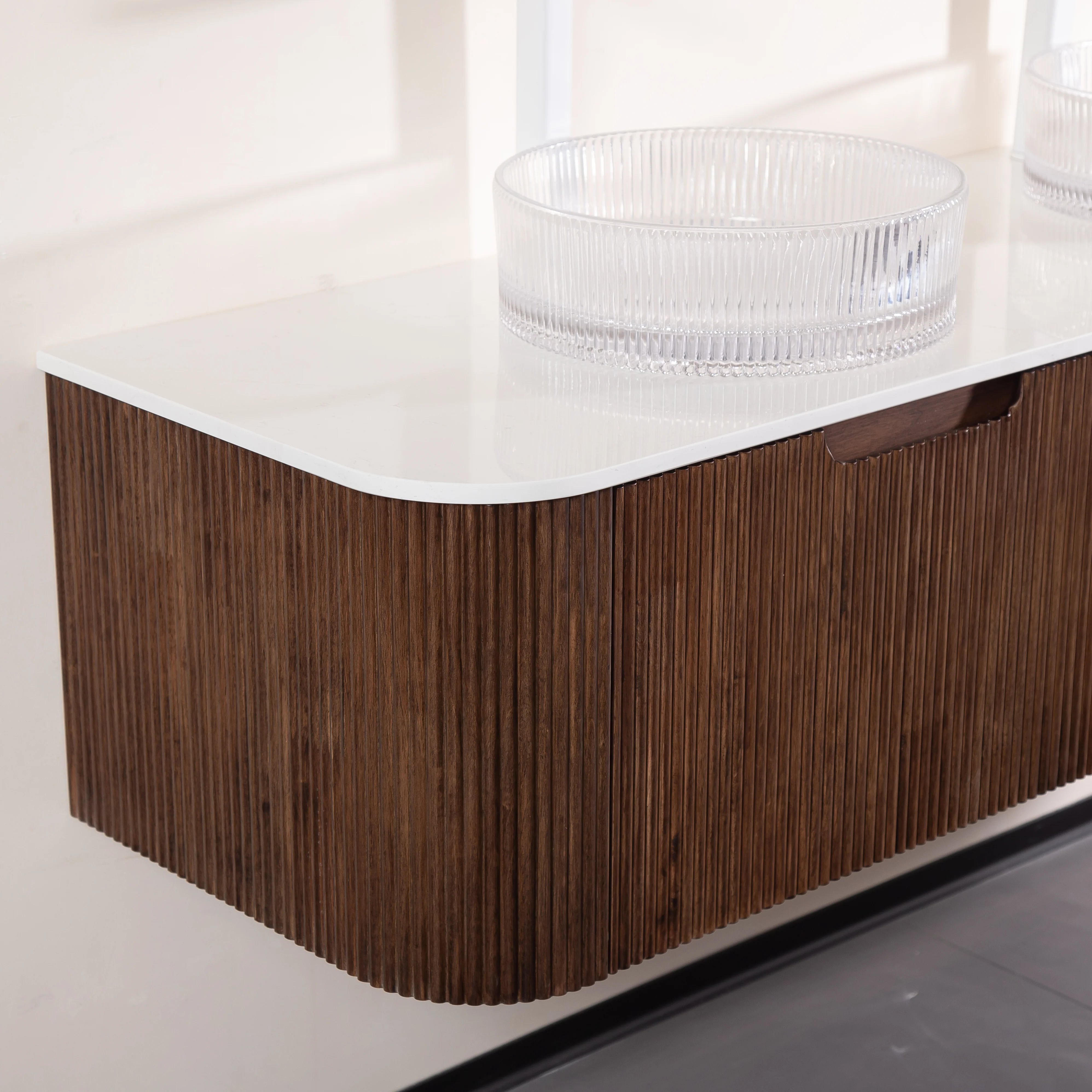 60" Walnut Vanity with Double Clear Vessel Sinks - Image 4