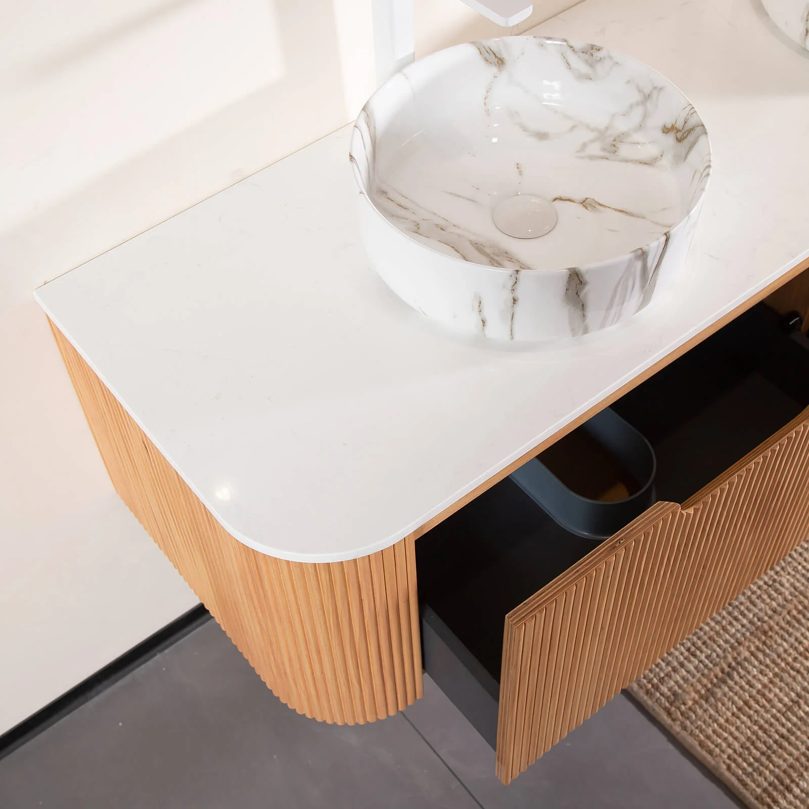 60" White Oak Double Sink Vanity with Stone-Veined Ceramic Basins - Image 3