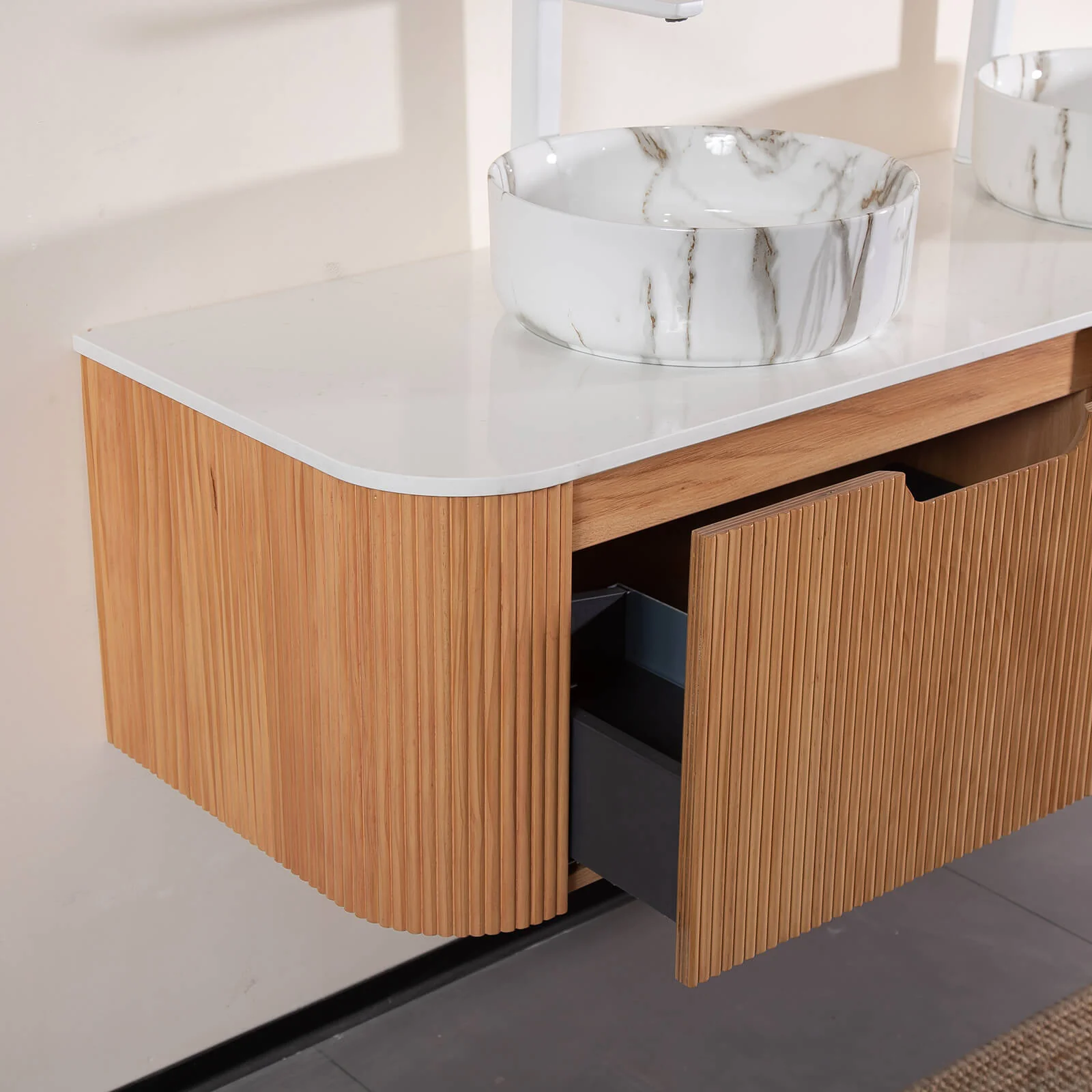 60" White Oak Double Sink Vanity with Stone-Veined Ceramic Basins - Image 4