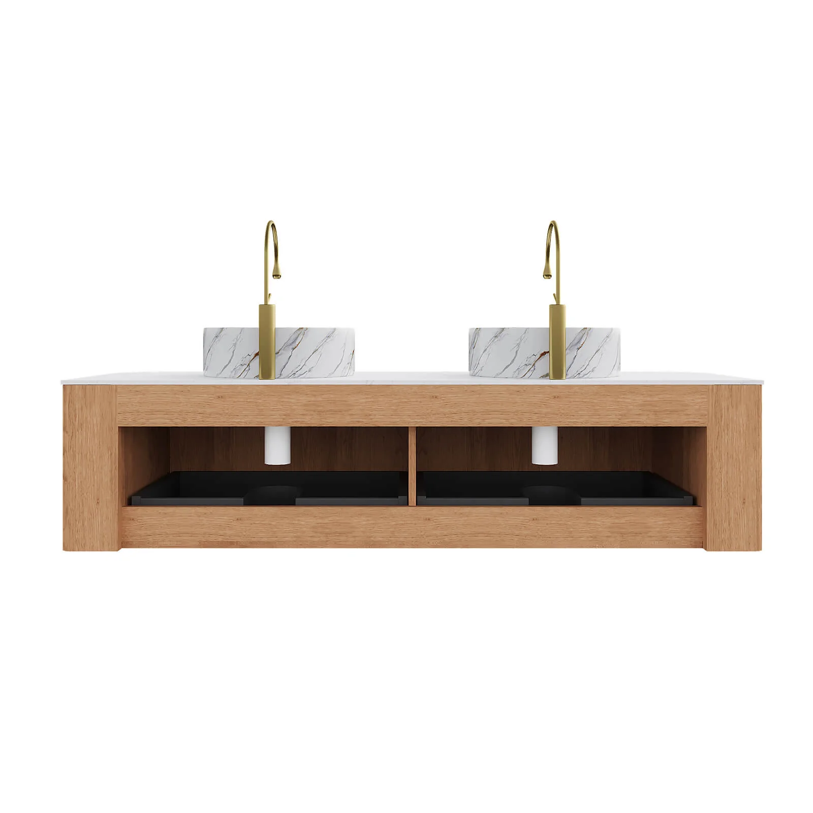 60" White Oak Double Sink Vanity with Stone-Veined Ceramic Basins - Image 7