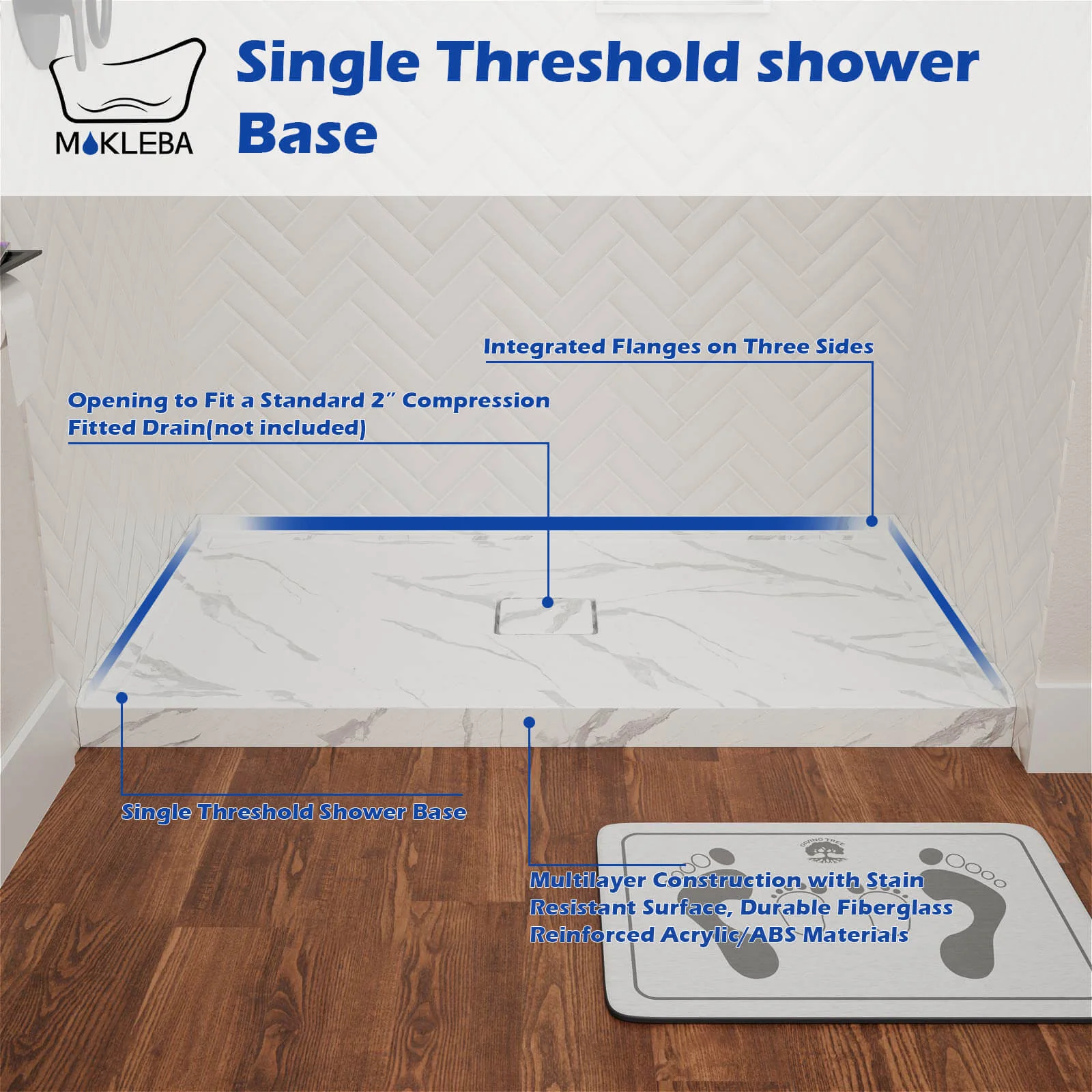 Mokleba 60" x 36" Center Drain Marble-Pattern Shower Pan - Image 5