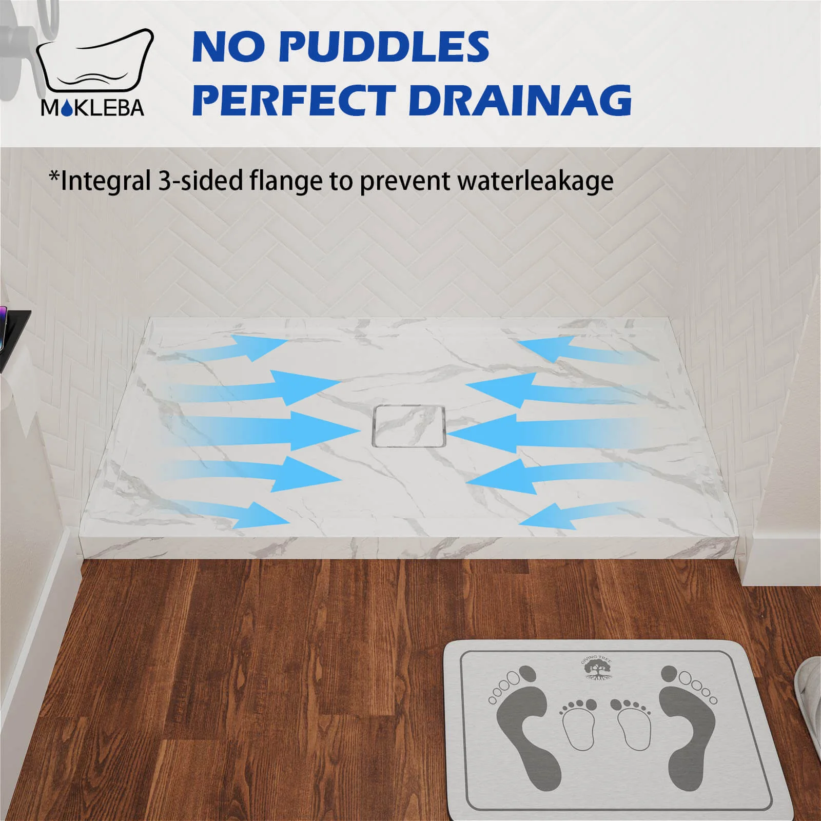 Mokleba 60" x 36" Center Drain Marble-Pattern Shower Pan - Image 8