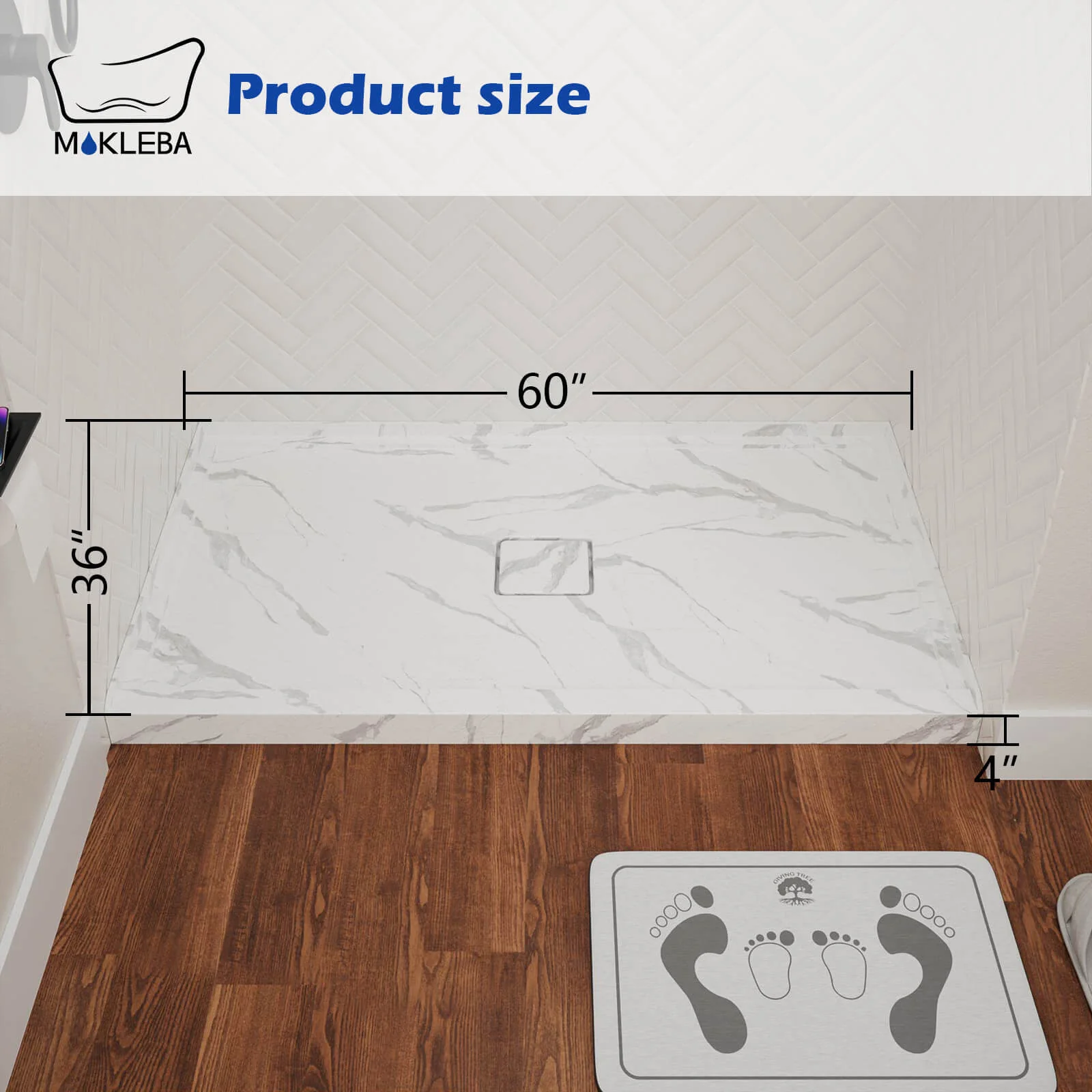 Mokleba 60" x 36" Center Drain Marble-Pattern Shower Pan - Image 9