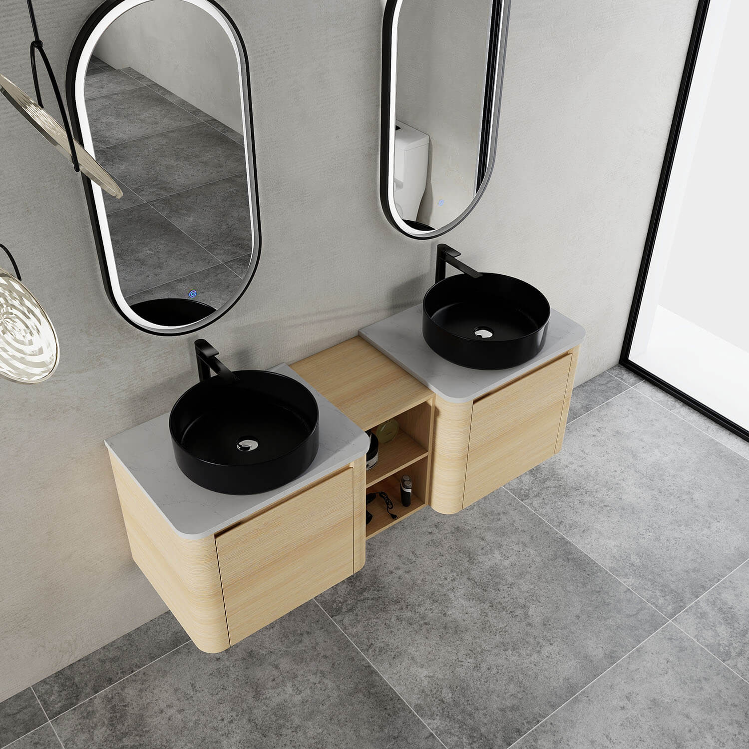 60" White Oak Bathroom Vanity with Double Black Ceramic Sink and Open Shelves - Image 3