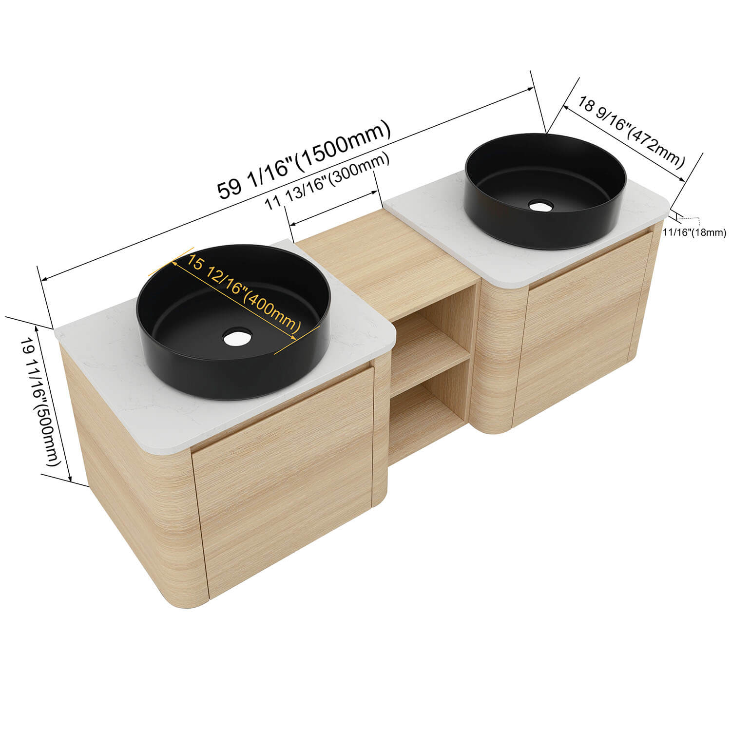 60" White Oak Bathroom Vanity with Double Black Ceramic Sink and Open Shelves - Image 4