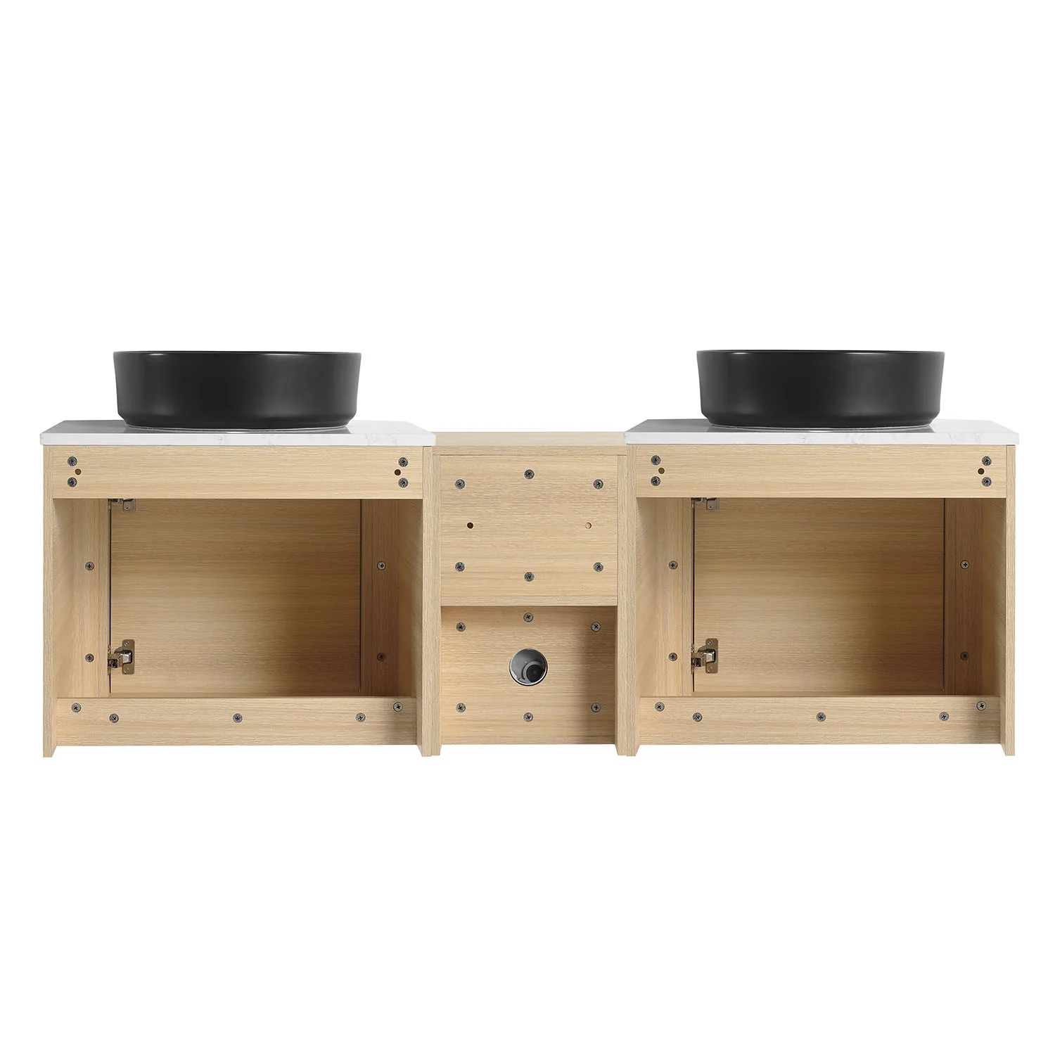 60" White Oak Bathroom Vanity with Double Black Ceramic Sink and Open Shelves - Image 5