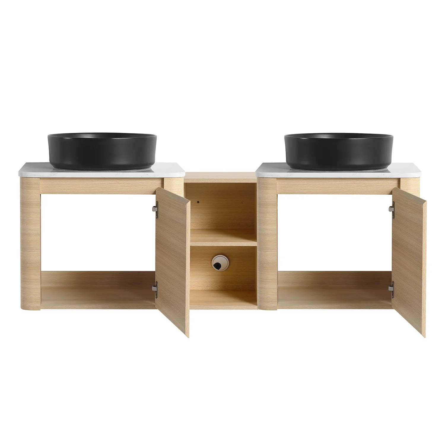 60" White Oak Bathroom Vanity with Double Black Ceramic Sink and Open Shelves - Image 6