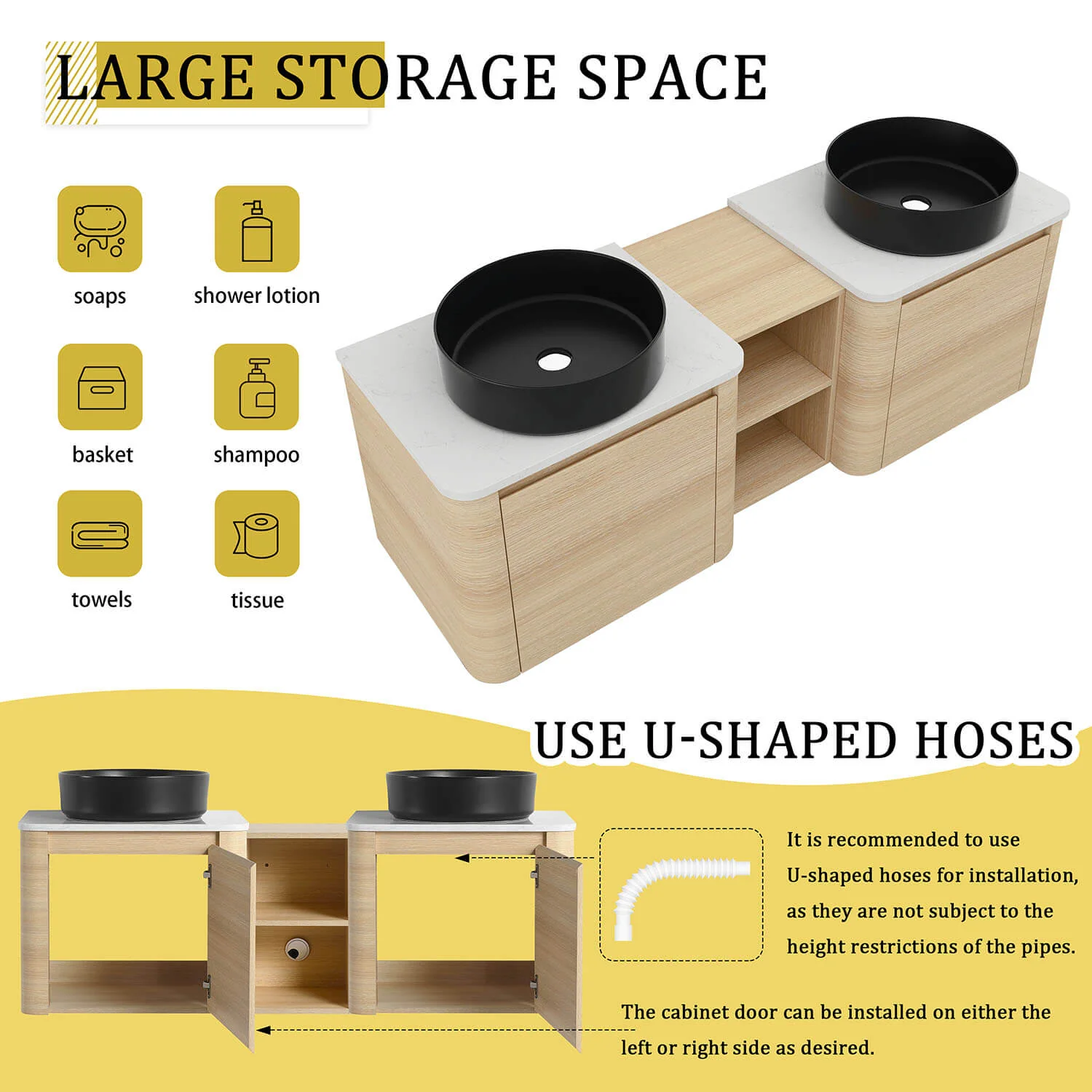 60" White Oak Bathroom Vanity with Double Black Ceramic Sink and Open Shelves - Image 8