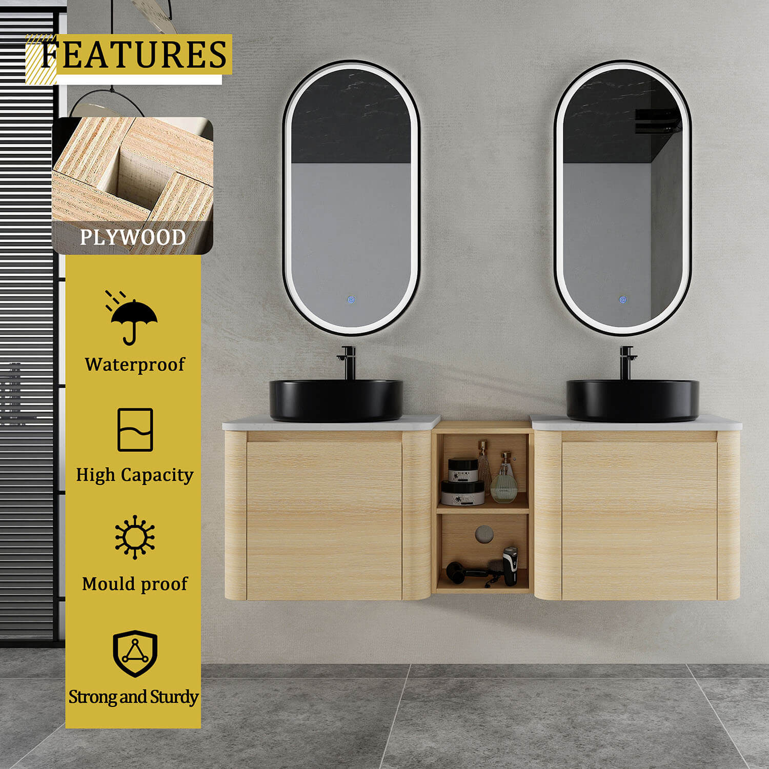 60" White Oak Bathroom Vanity with Double Black Ceramic Sink and Open Shelves - Image 9