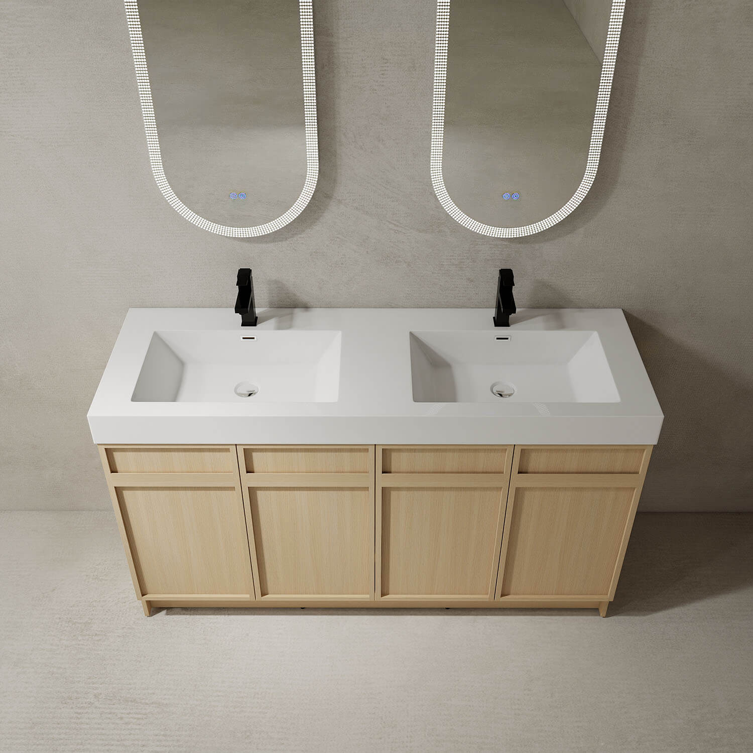 60" White Oak Bathroom Vanity with Double Resin Sink and Soft Close Doors - Image 3