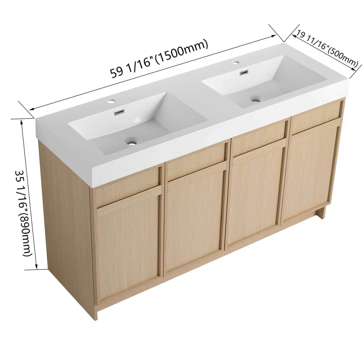 60" White Oak Bathroom Vanity with Double Resin Sink and Soft Close Doors - Image 4