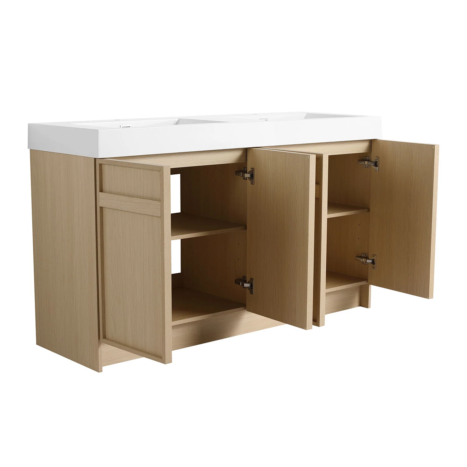 60" White Oak Bathroom Vanity with Double Resin Sink and Soft Close Doors - Image 5