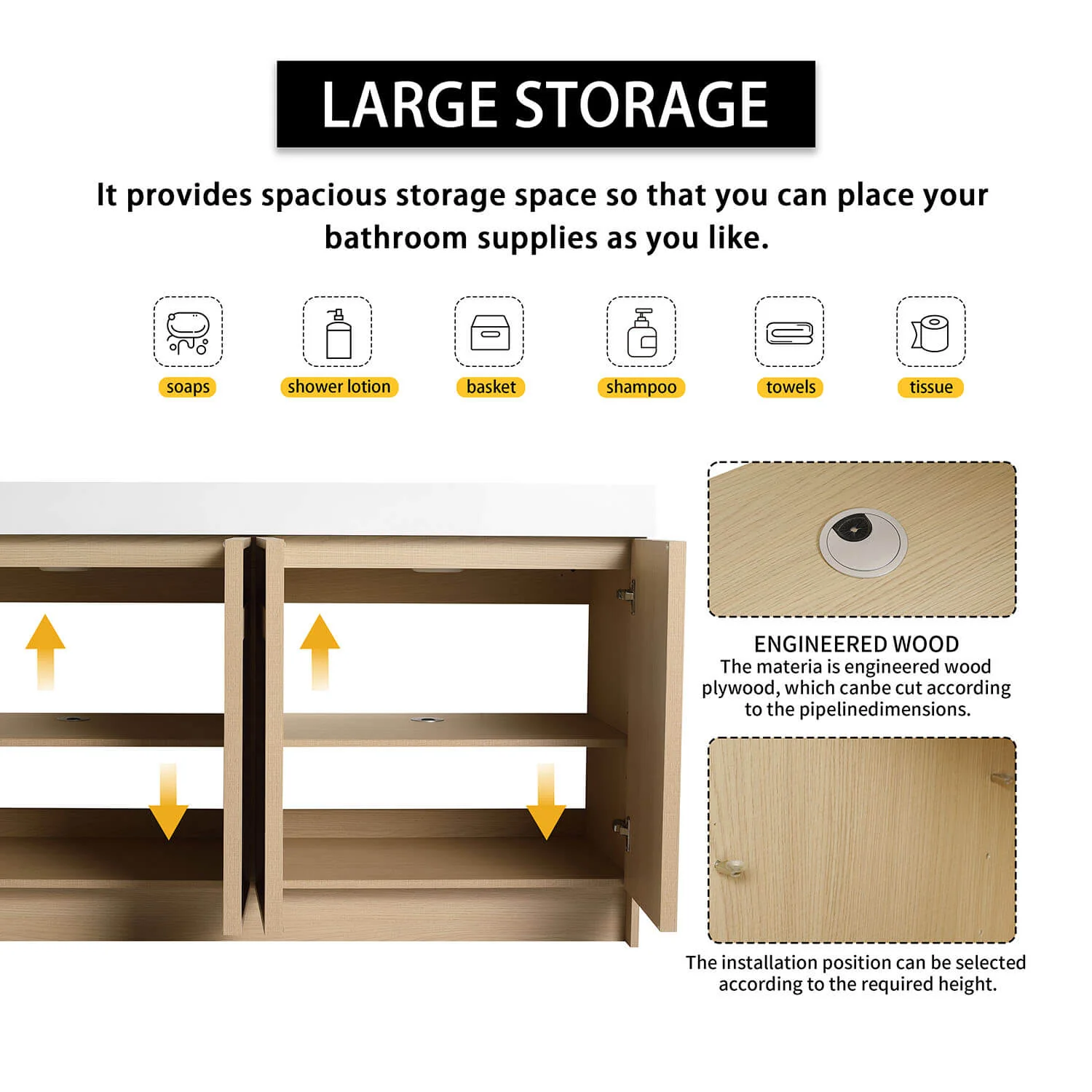 60" White Oak Bathroom Vanity with Double Resin Sink and Soft Close Doors - Image 7