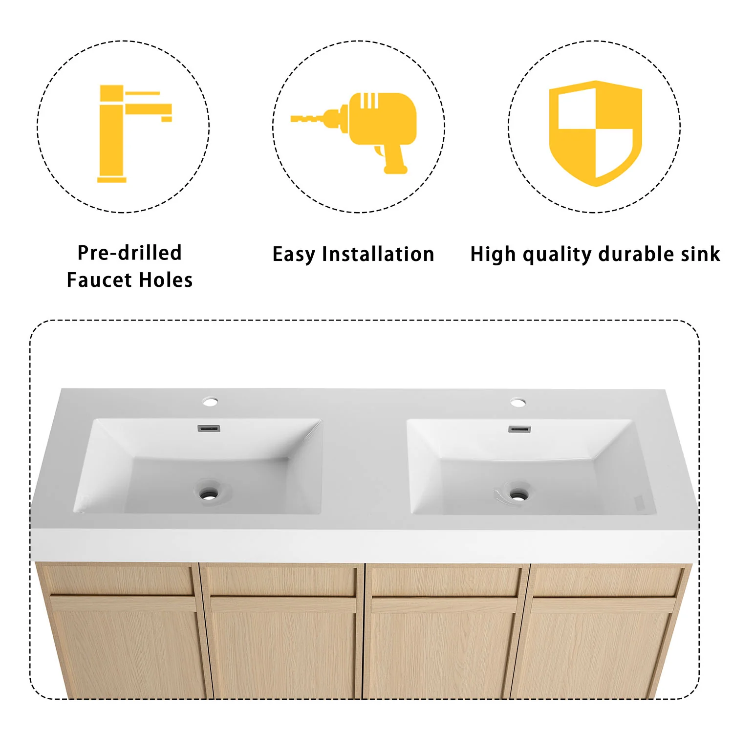 60" White Oak Bathroom Vanity with Double Resin Sink and Soft Close Doors - Image 8