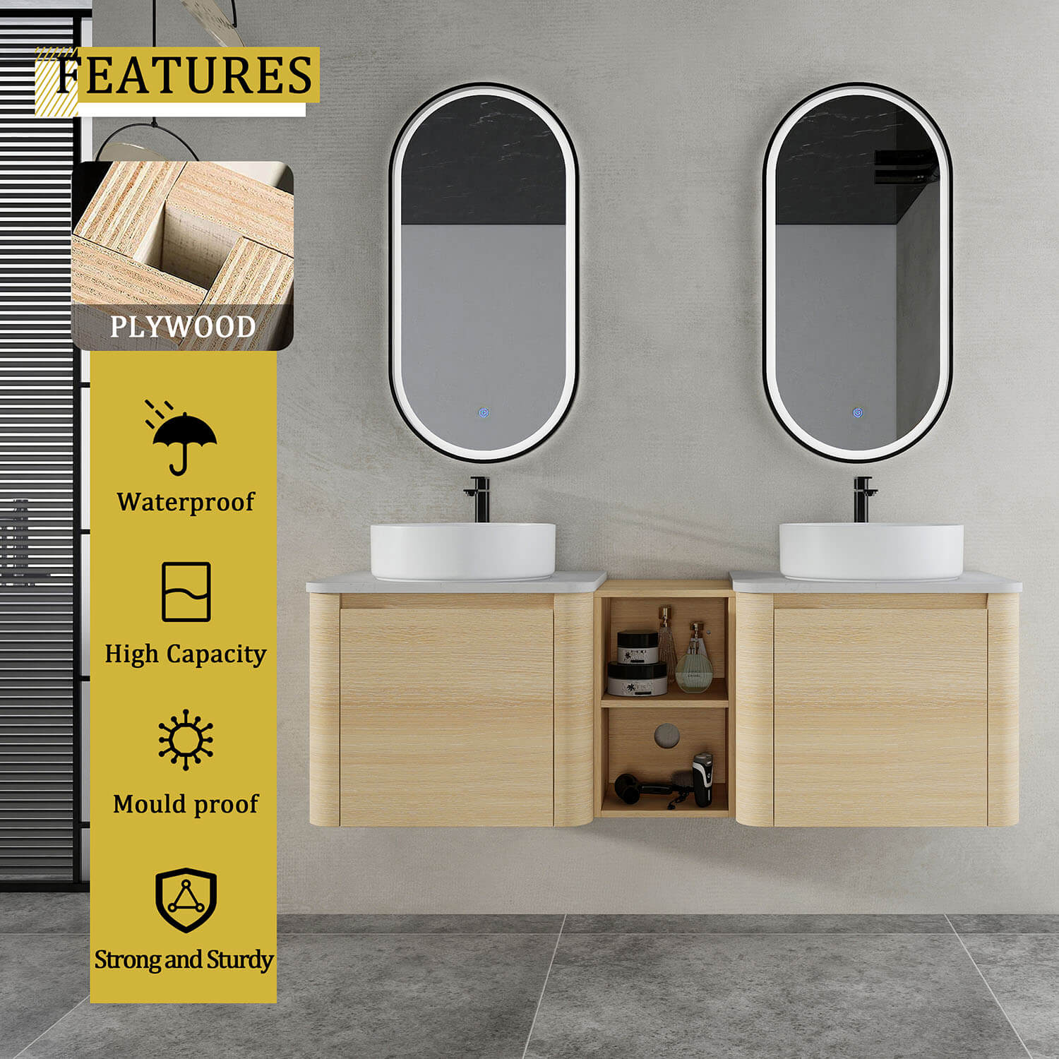 60" White Oak Bathroom Vanity with Double White Ceramic Sink and Open Shelves - Image 10