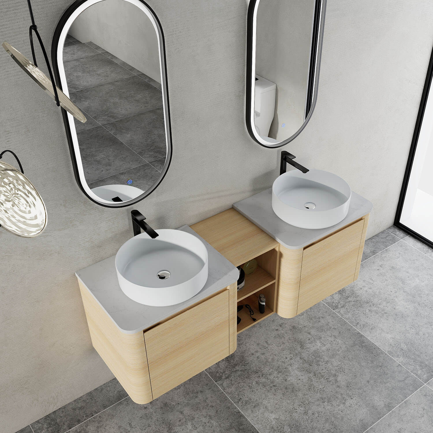 60" White Oak Bathroom Vanity with Double White Ceramic Sink and Open Shelves - Image 3