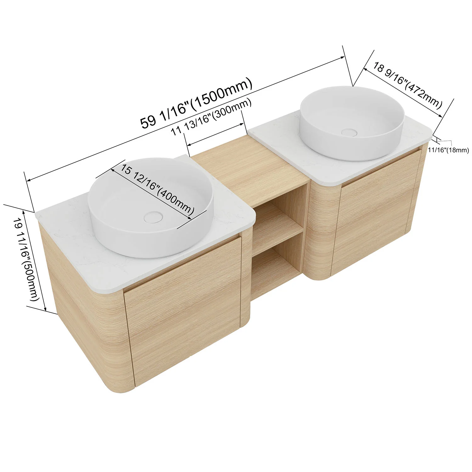 60" White Oak Bathroom Vanity with Double White Ceramic Sink and Open Shelves - Image 4