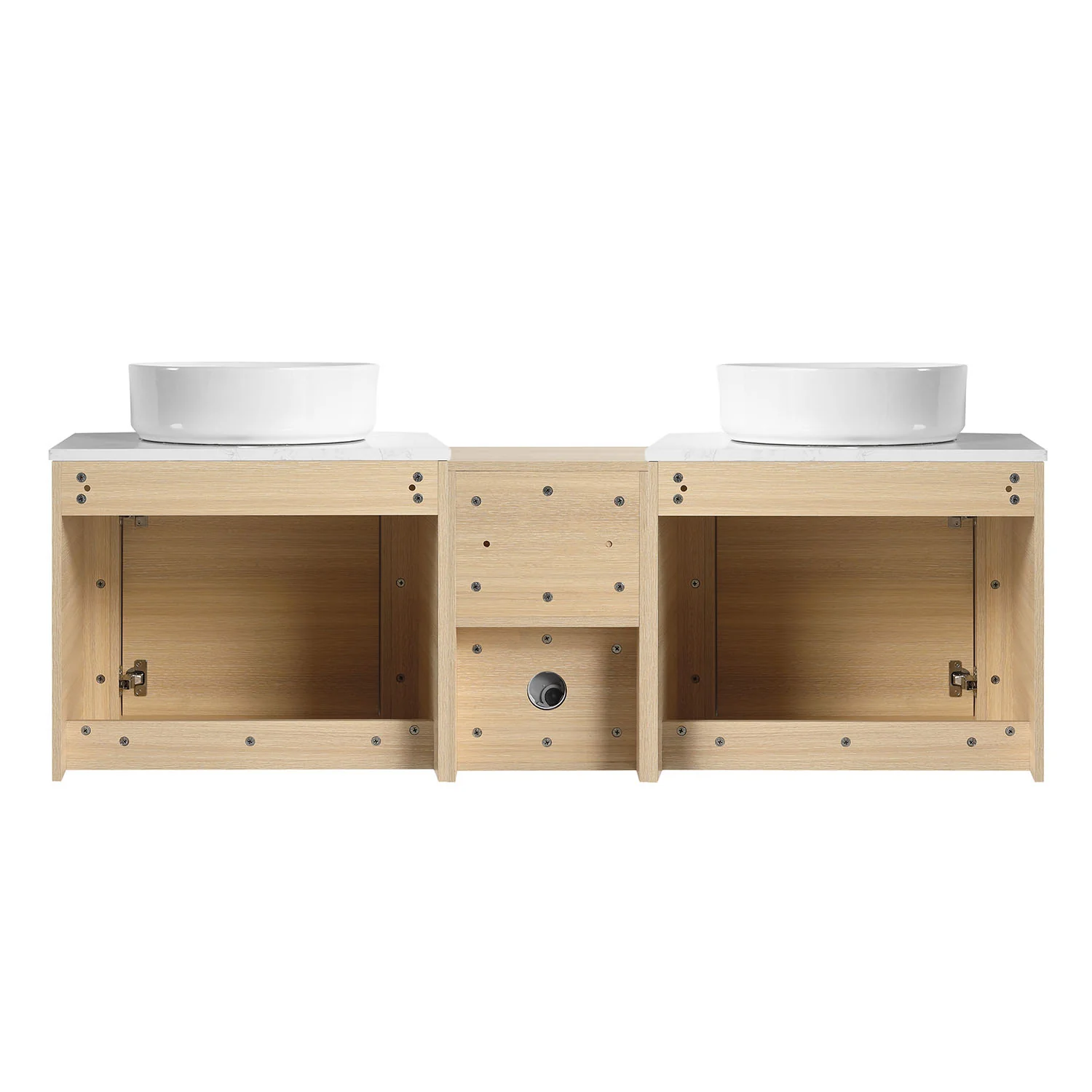 60" White Oak Bathroom Vanity with Double White Ceramic Sink and Open Shelves - Image 5