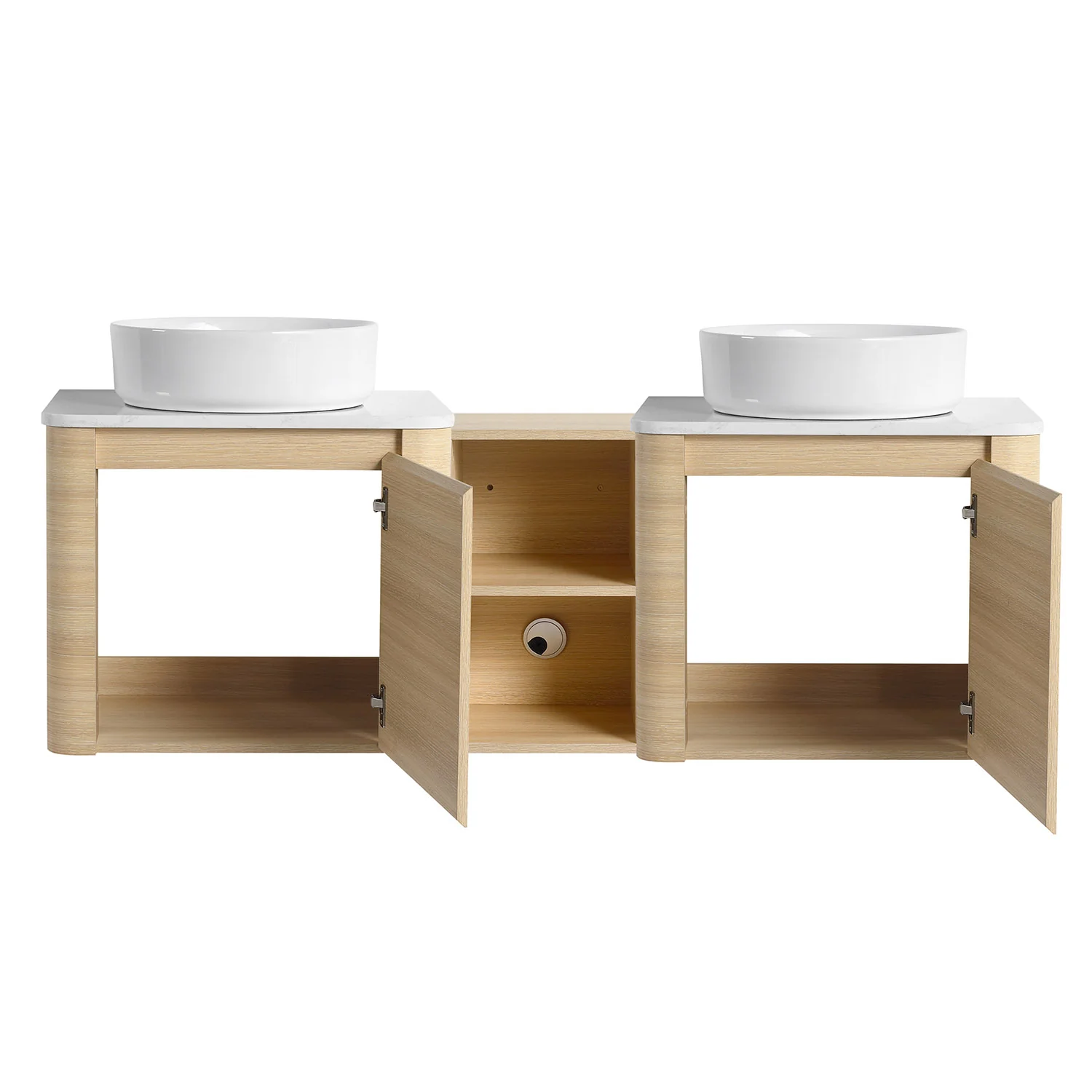 60" White Oak Bathroom Vanity with Double White Ceramic Sink and Open Shelves - Image 6