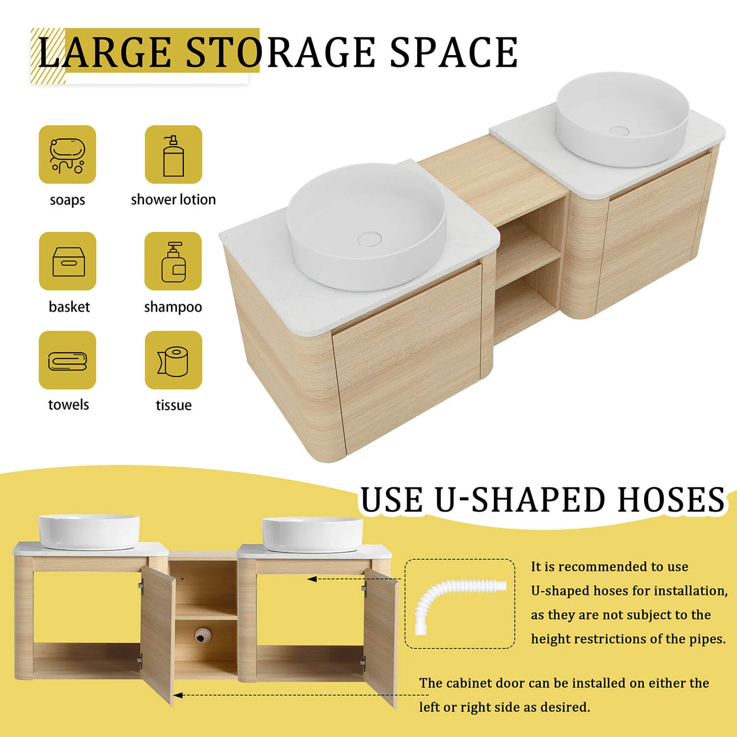 60" White Oak Bathroom Vanity with Double White Ceramic Sink and Open Shelves - Image 8