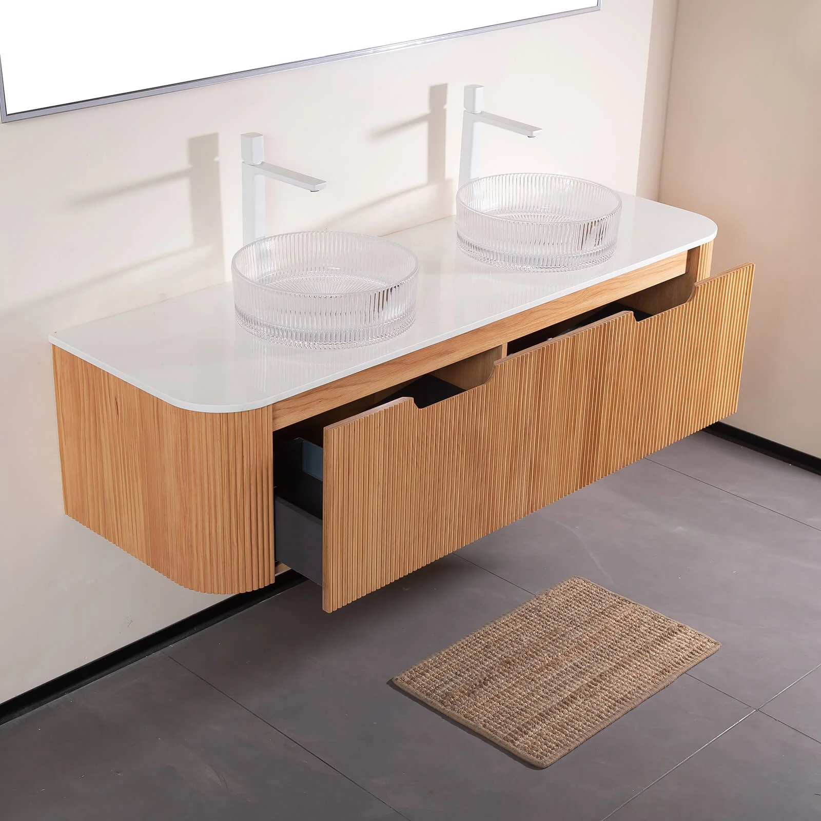 60" White Oak Vanity with Double Clear Vessel Sinks - Image 3