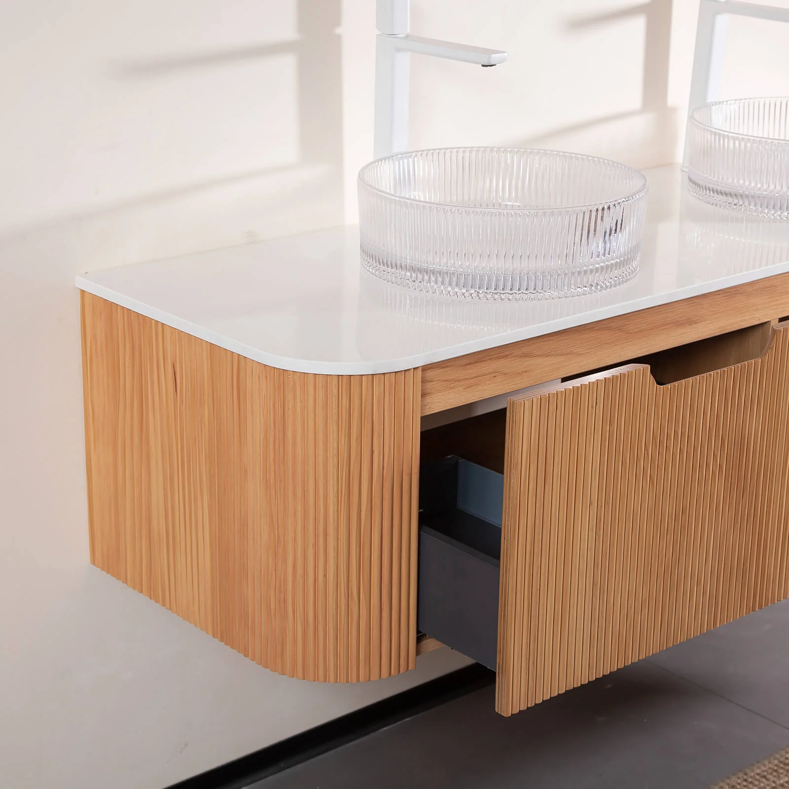 60" White Oak Vanity with Double Clear Vessel Sinks - Image 4