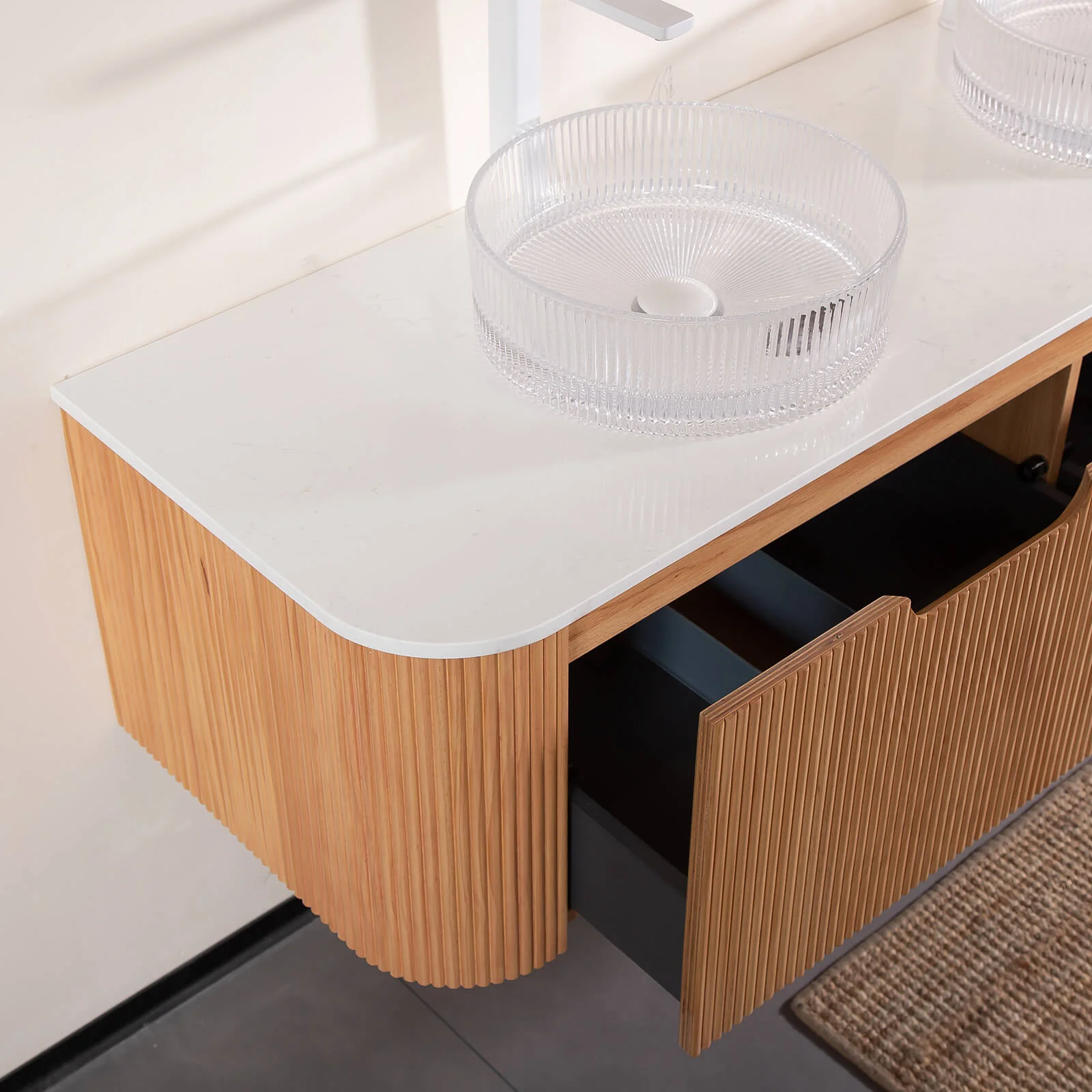 60" White Oak Vanity with Double Clear Vessel Sinks - Image 5