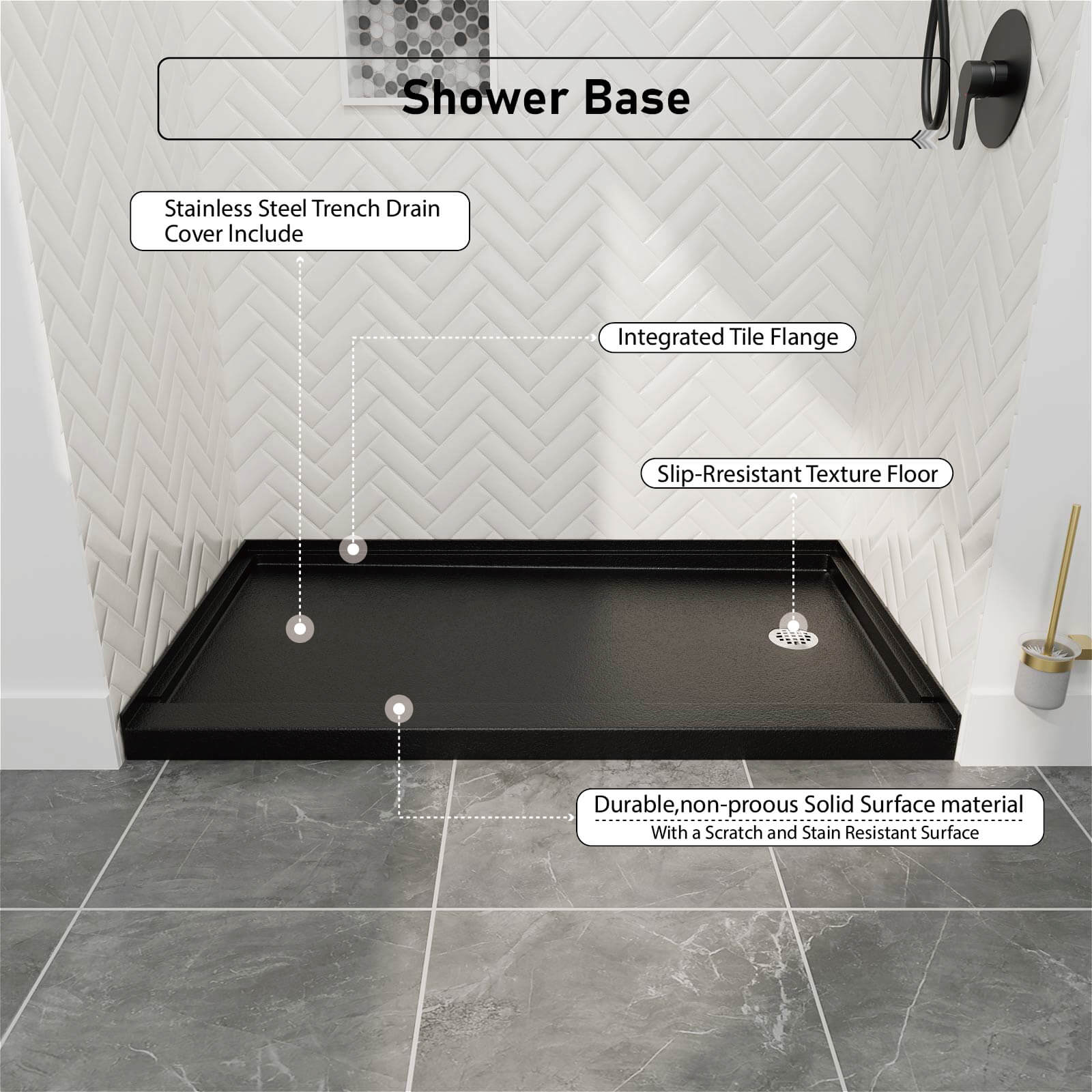 60" x 32" Single Threshold Right Drain Shower Base with Stainless Steel Drain Cover - Image 3