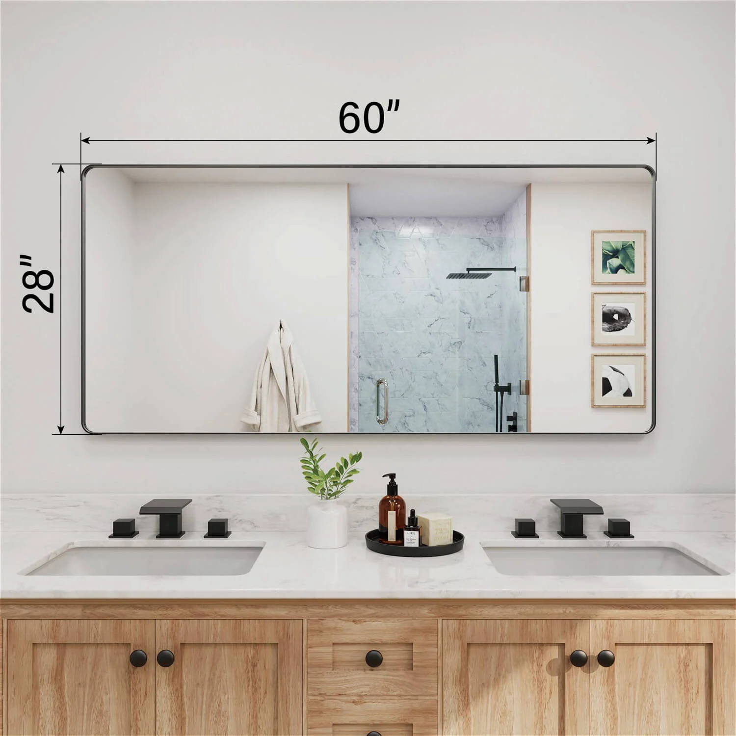 60"x28" Black Framed Mirror with Tempered Glass, Horizontal or Vertical - Image 4