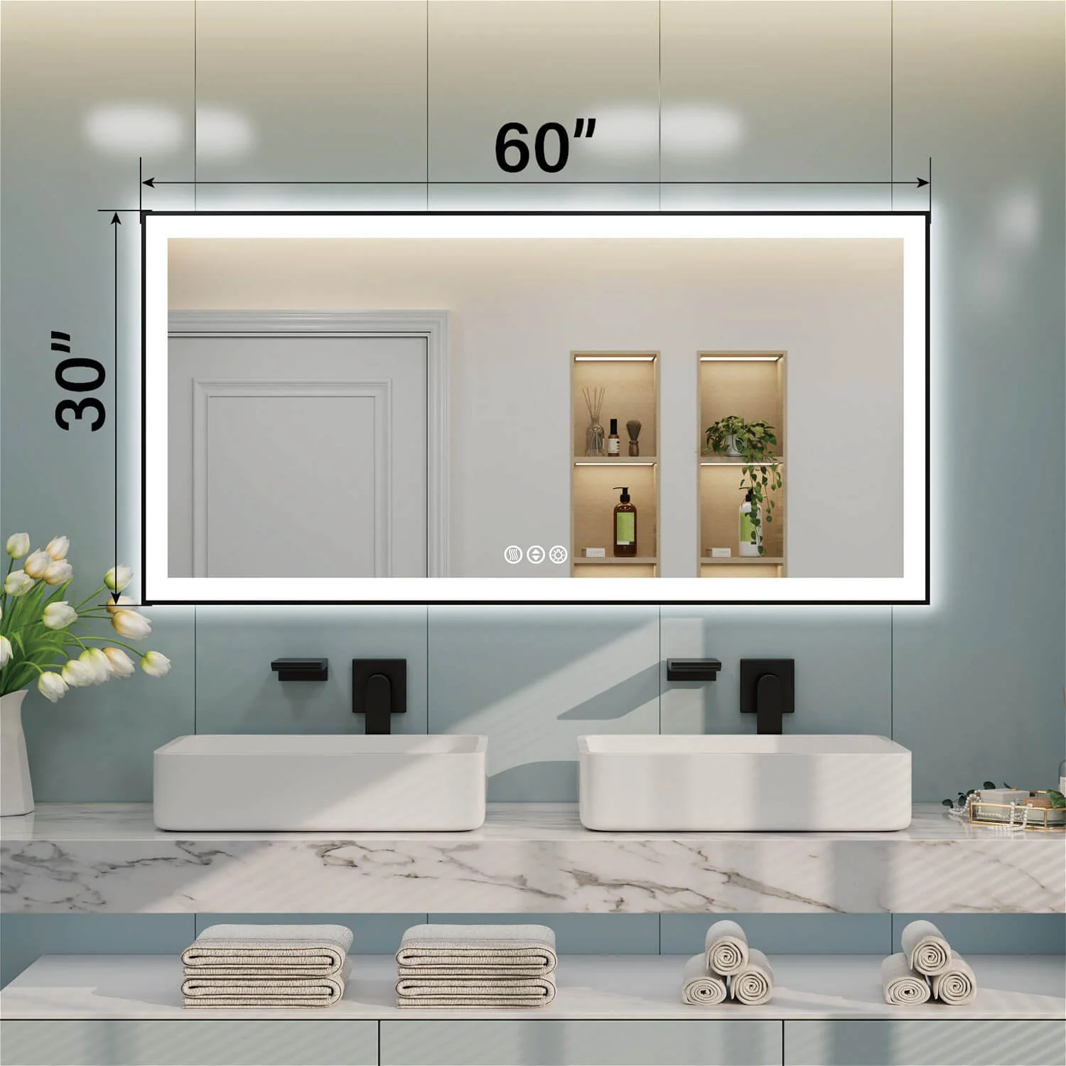 60"x30" LED Bathroom Mirror Anti-Fog Dimmable ETL Shatterproof Glass - Image 4