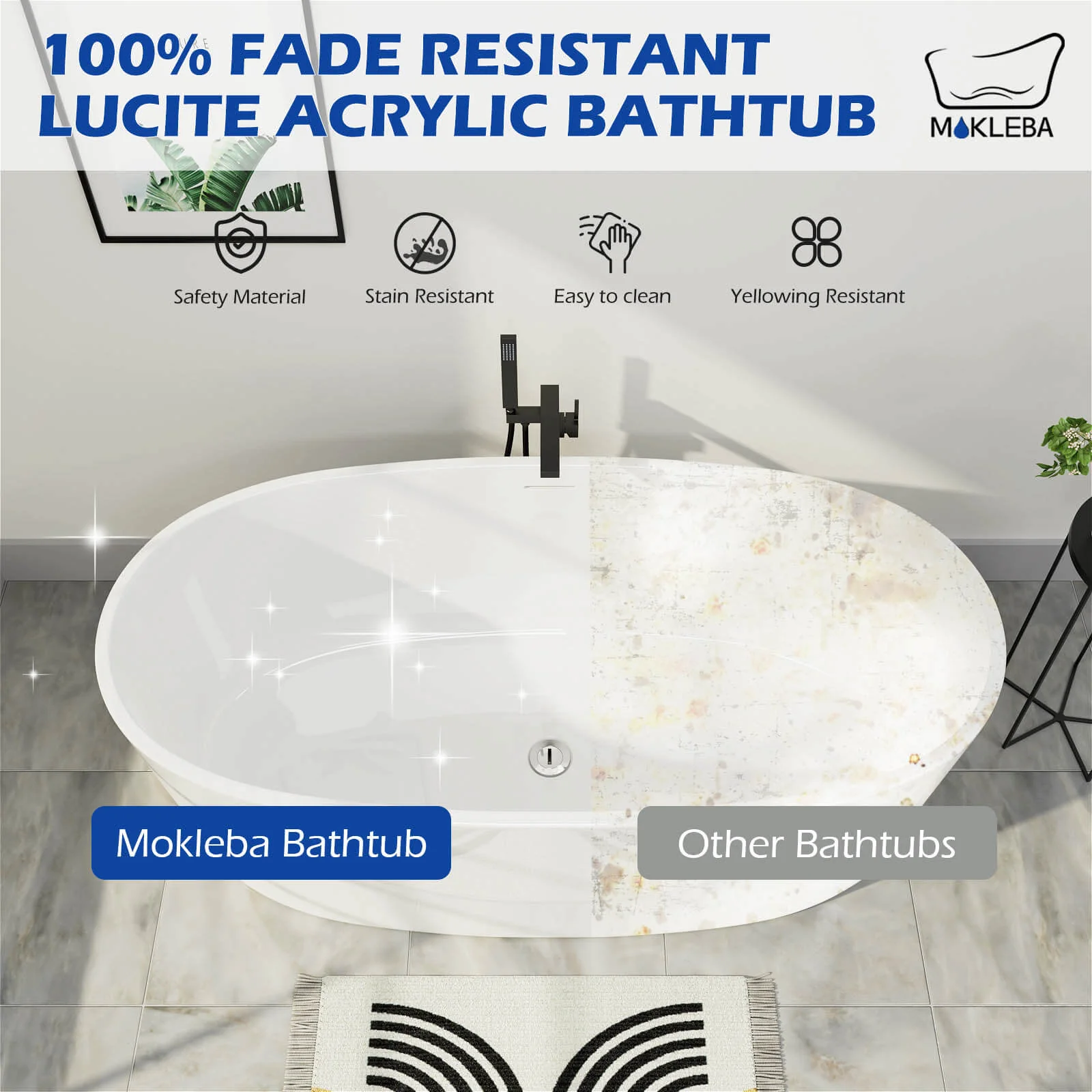 Mokleba 59" Acrylic Modern Bathtub Oval Shape Freestanding Soaking Tub - Image 8