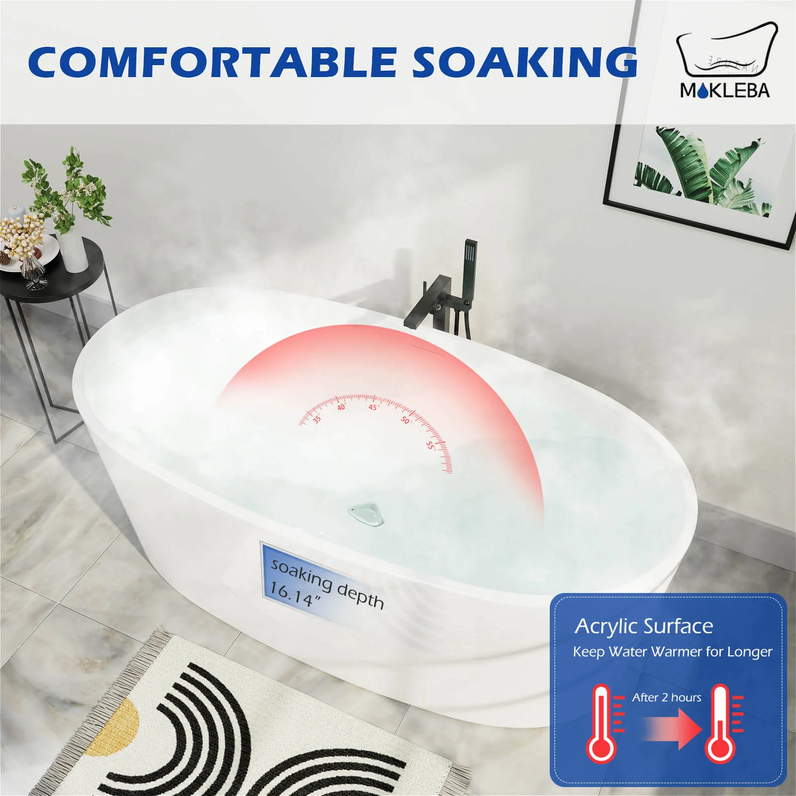 Mokleba 59" Acrylic Modern Bathtub Oval Shape Freestanding Soaking Tub - Image 9