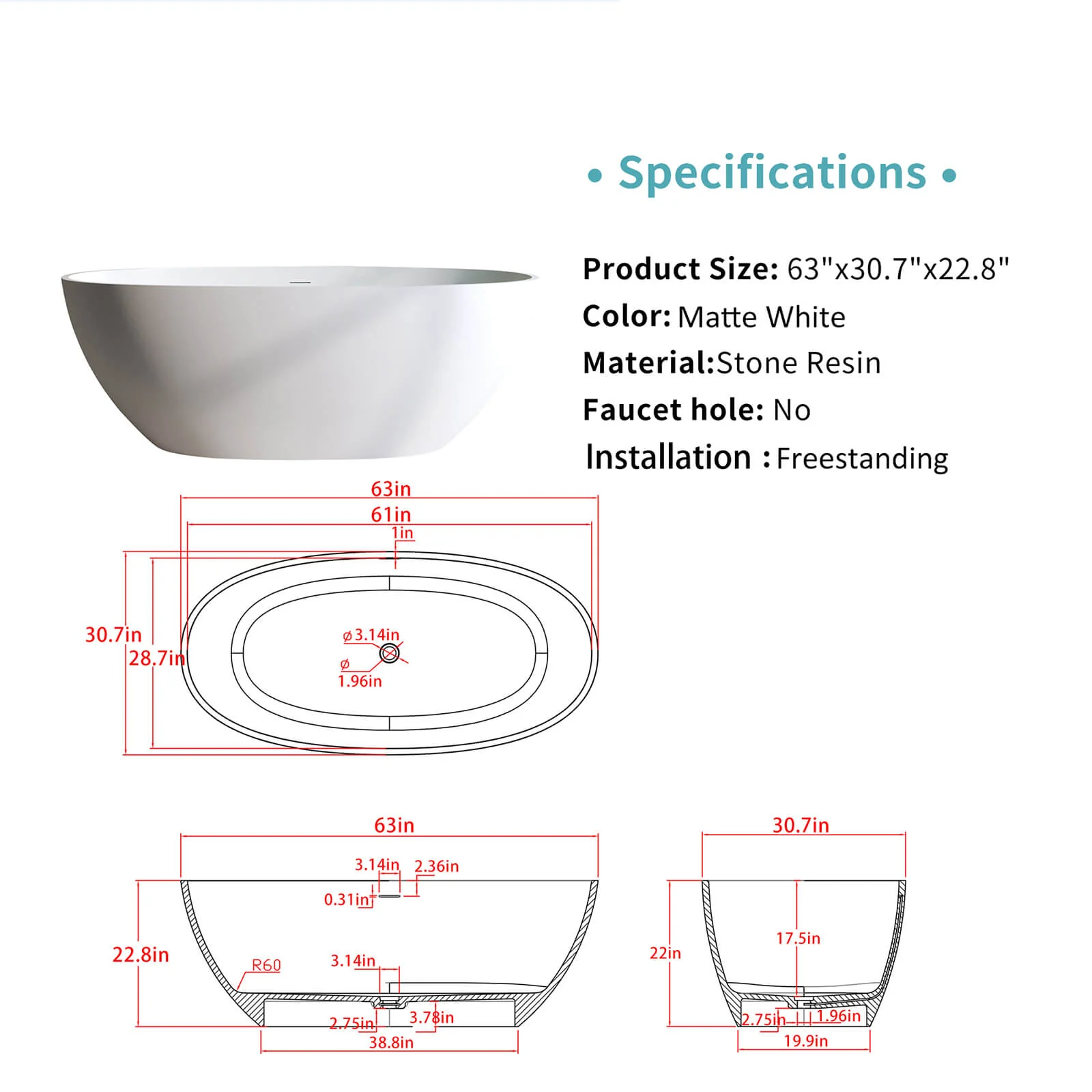 63" Contemporary Matte White Freestanding Bathtub - Image 6
