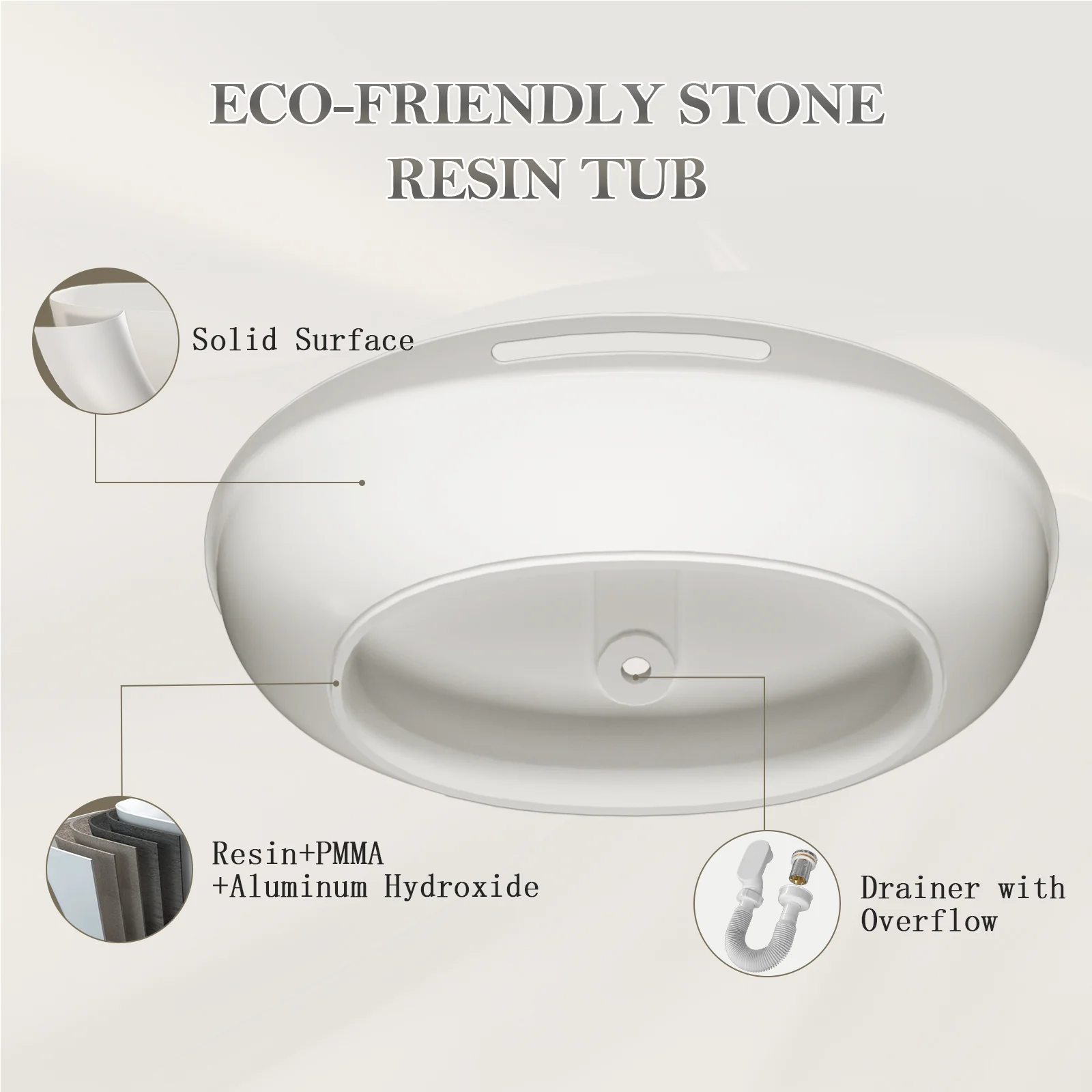 63" Solid Surface Stone Resin Tub Freestanding Soaking Bathtub with Towel Rack Shelf - Image 10