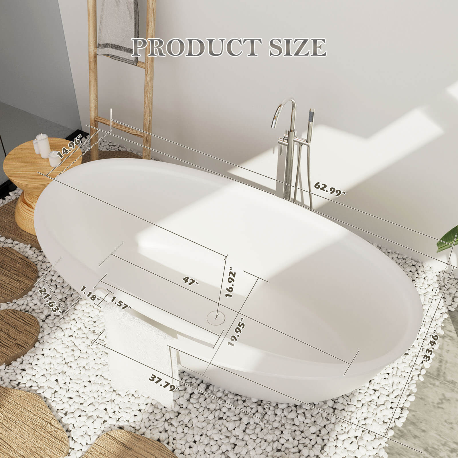 63" Solid Surface Stone Resin Tub Freestanding Soaking Bathtub with Towel Rack Shelf - Image 12