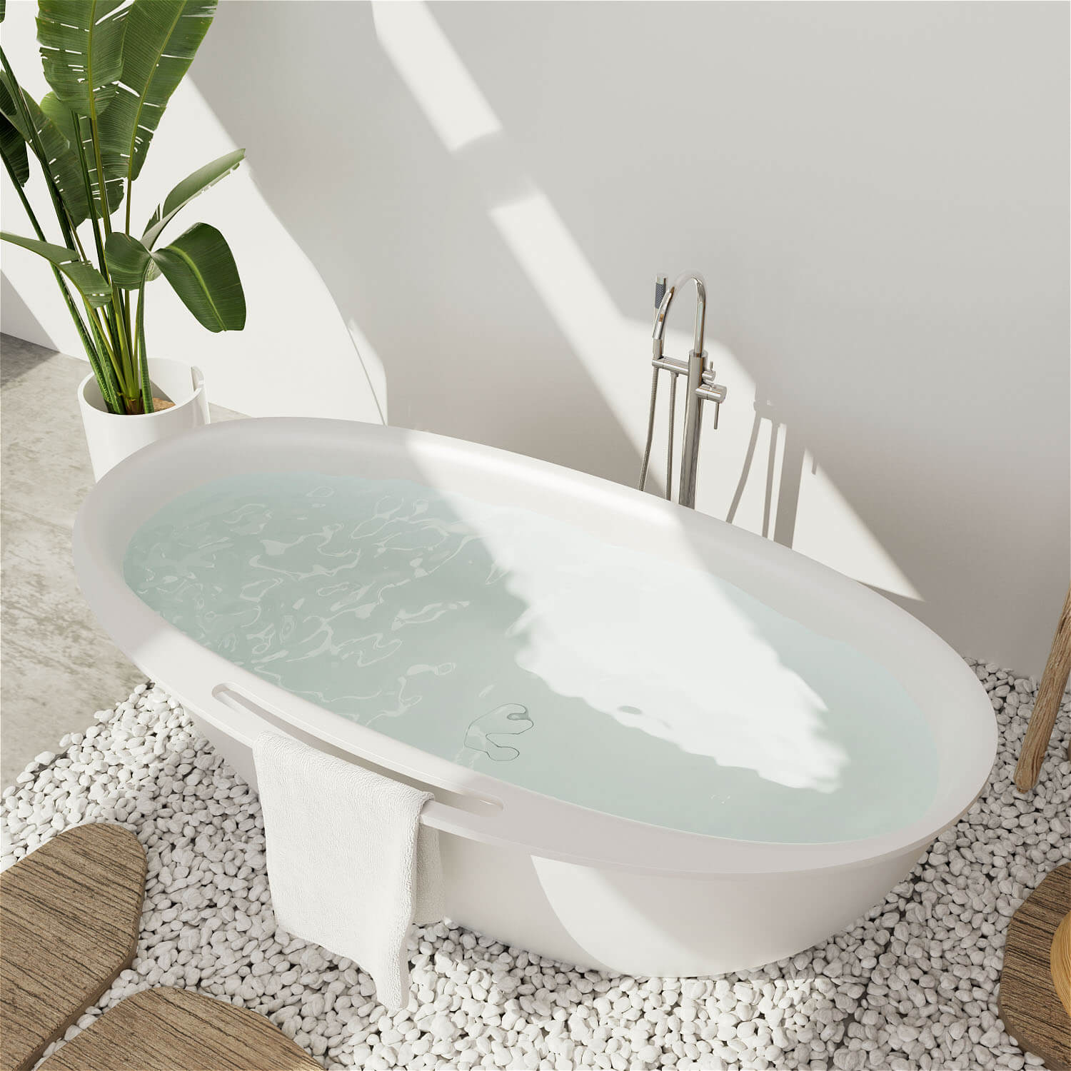 63" Solid Surface Stone Resin Tub Freestanding Soaking Bathtub with Towel Rack Shelf - Image 3