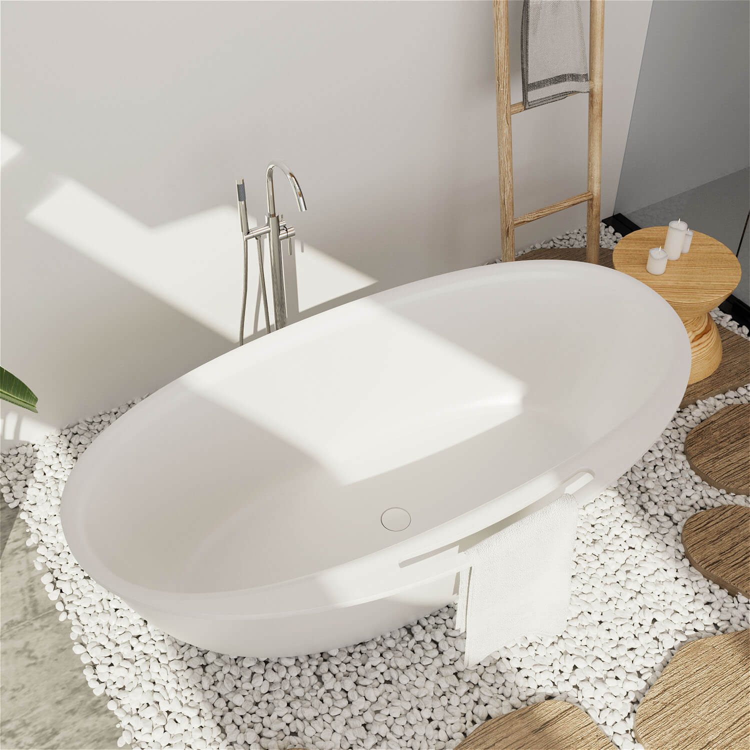 63" Solid Surface Stone Resin Tub Freestanding Soaking Bathtub with Towel Rack Shelf - Image 4